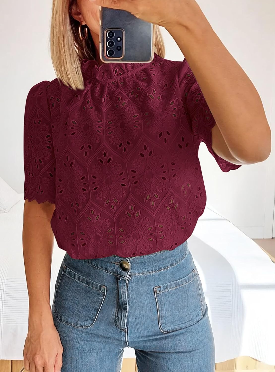 PRETTYGARDEN Summer Tops for Women 2026 Short Sleeve Embroidered Eyelet Shirts Dressy Casual Blouses Spring Fashion Clothes
