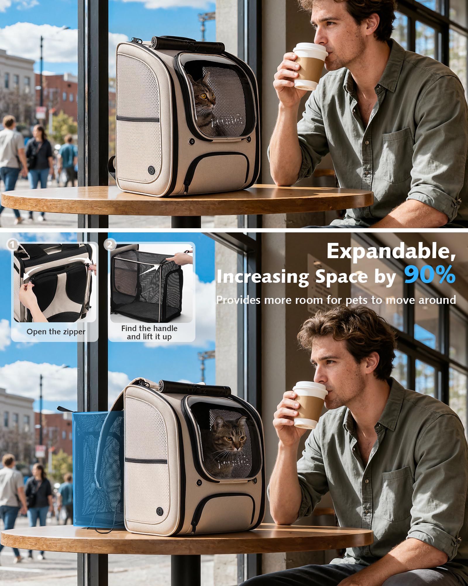 Pecute Scalabile Zaino Trasportino per Gatti a Bolla - Ampio spazio stabile, parasole traspirante, ideale per viaggiare, fare visitare cliniche veterinarie con il tuo animale domestico, Cachi
