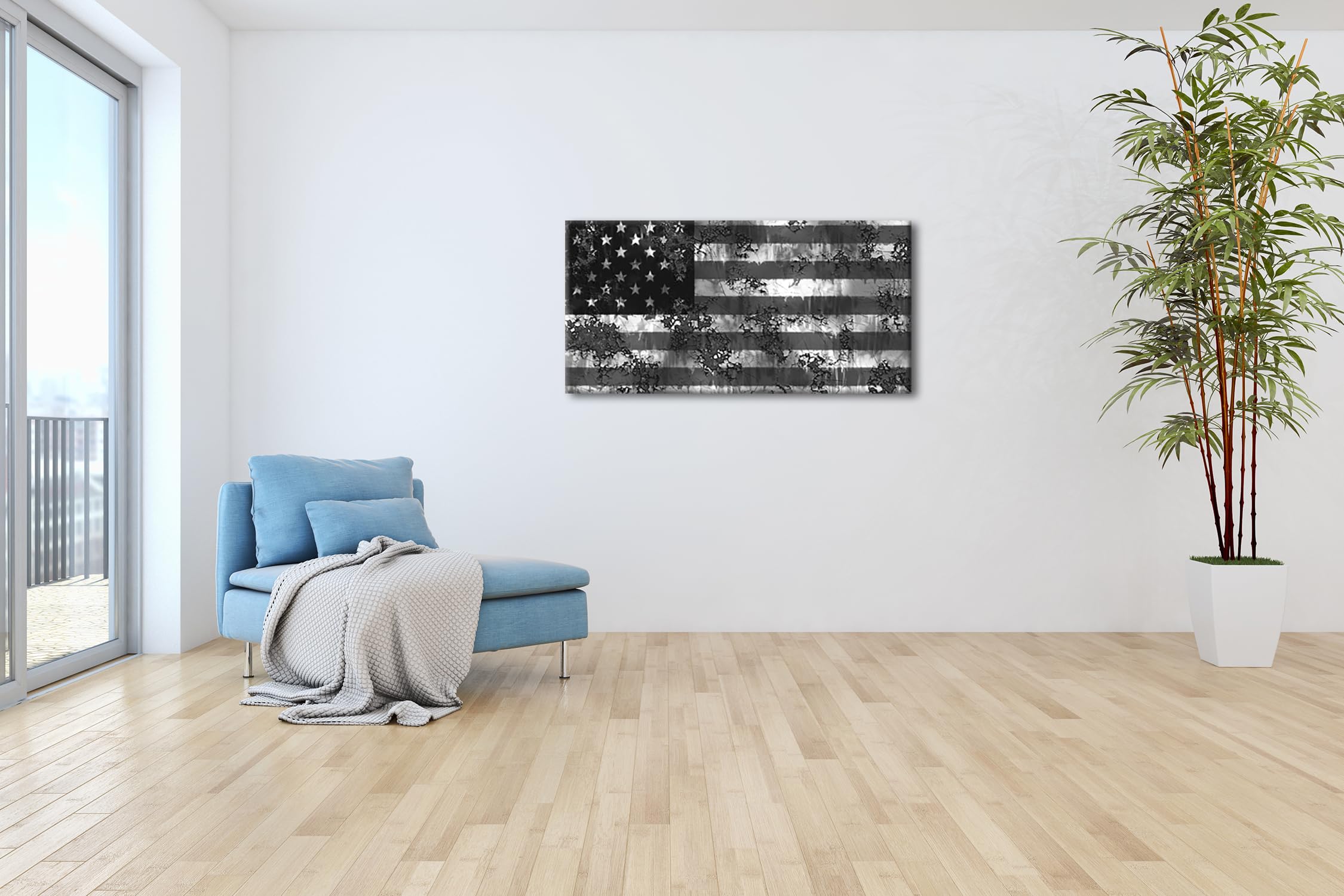 Drapeau américain rouillé panoramique 100 x 50 cm Effet : noir/blanc Impression numérique de qualité supérieure avec cadre en bois véritable