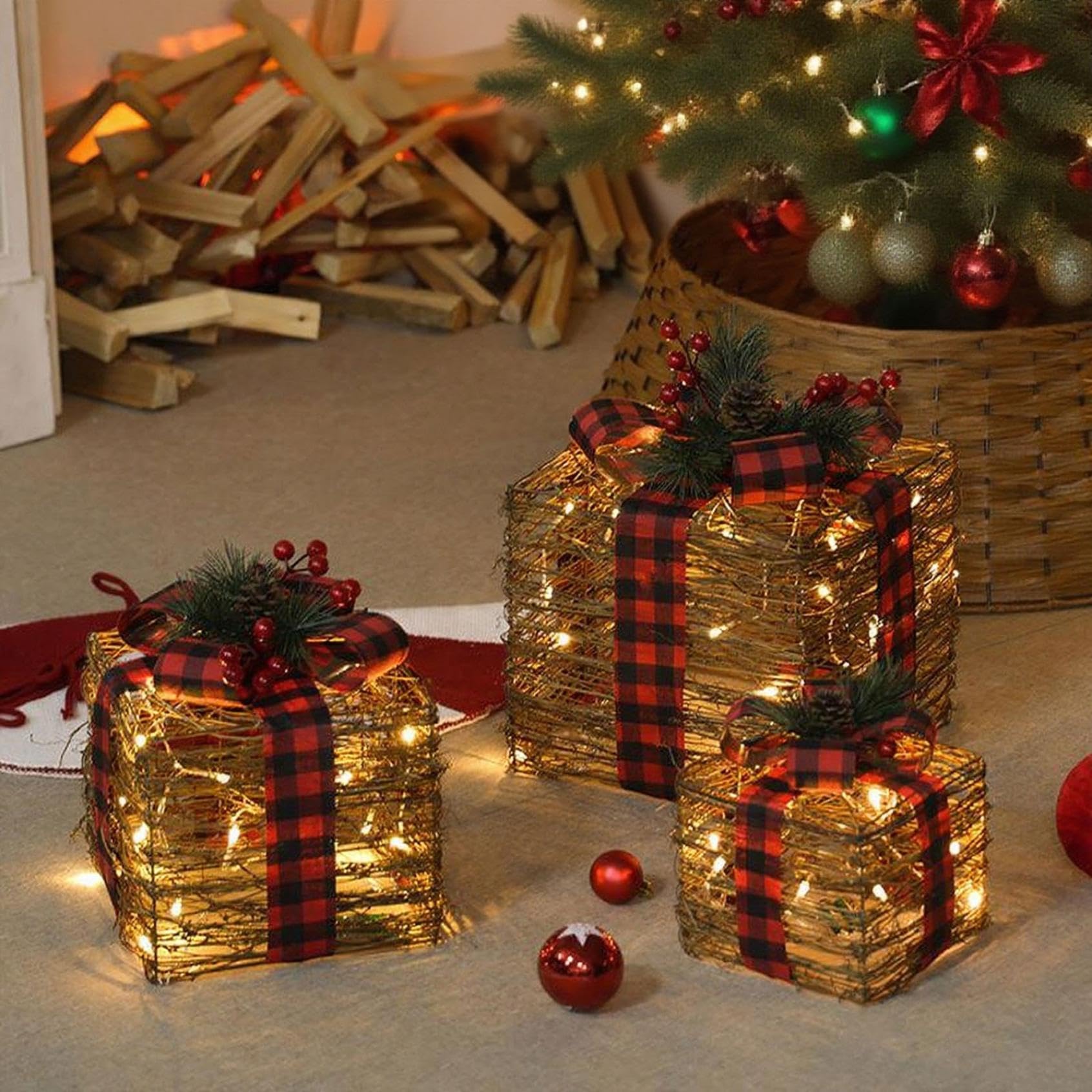Scatole regalo natalizie illuminate con nastro rosso, materiale metallico affidabile, set di 3 scatole regalo illuminate, LED giallo caldo con fiocchi, per albero di Natale interno, cortile