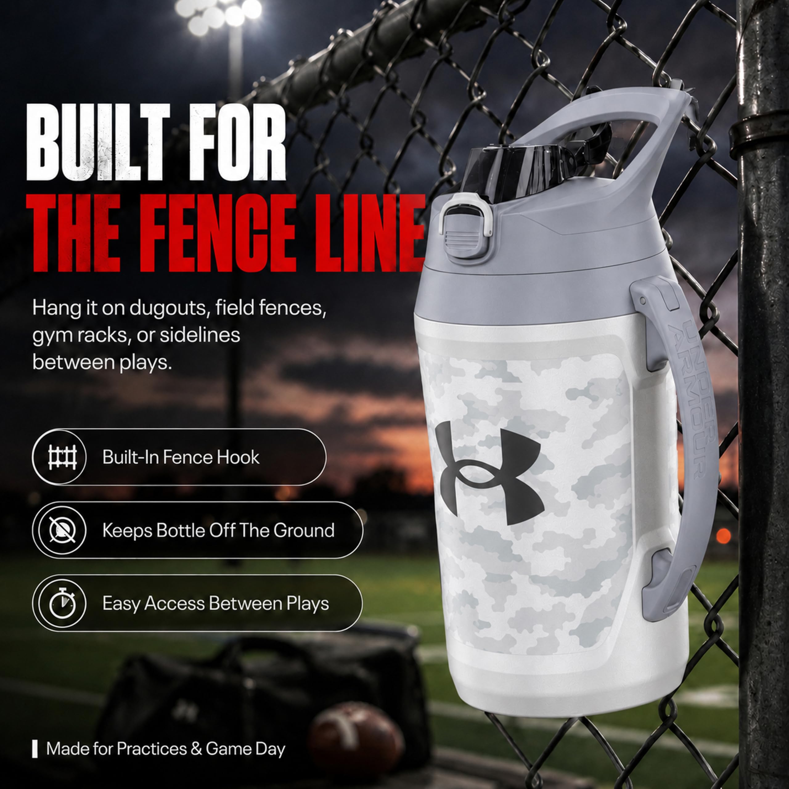 Under Armour Jarra de agua deportiva, botella de agua aislada de 64 onzas con asa, medio galón, gancho de cerca, resistente a fugas, béisbol, fútbol y más | con asa