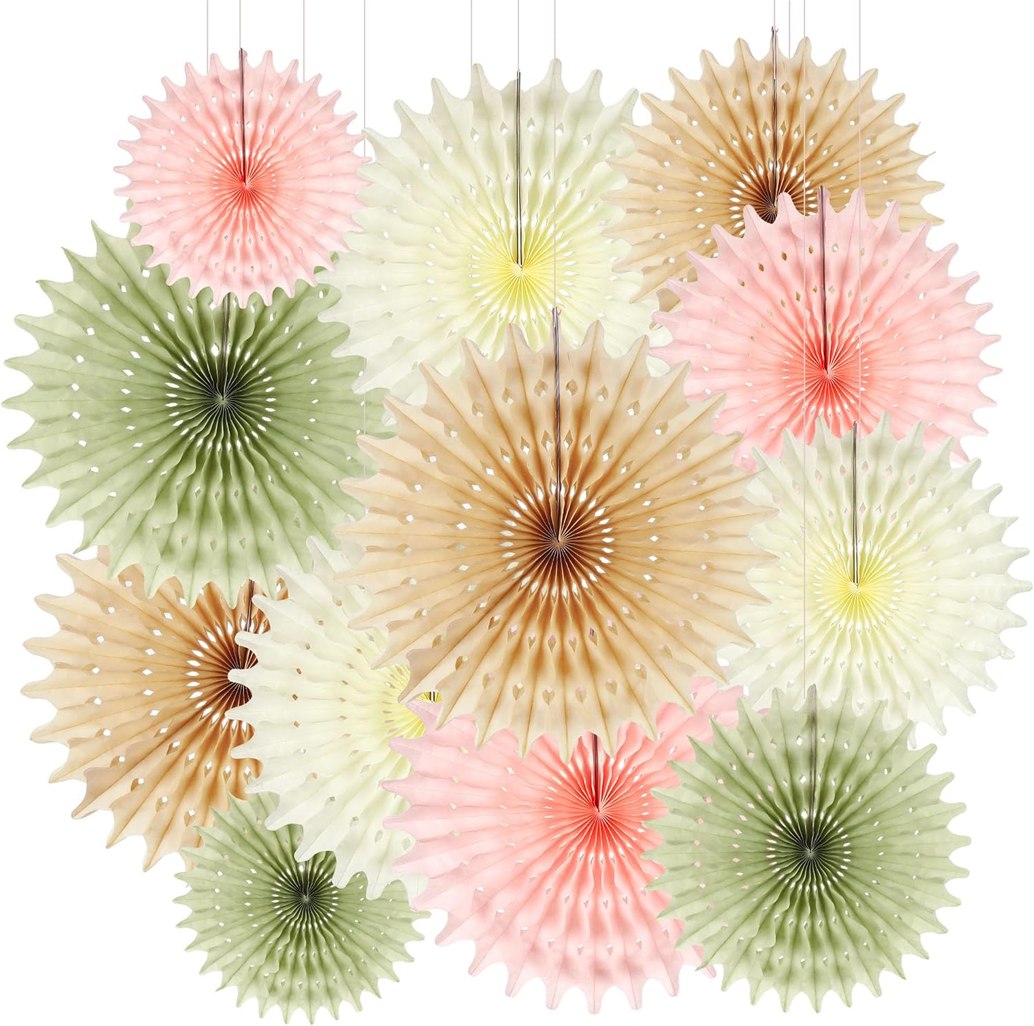 BestoFun 12PCS Beige Sage Green Hanging Paper Fans Decoration, Matte Thin Tissue Paper Honeycomb Fan Ornaments, Hanging Fans for Wedding, Birthday, Baby Shower, Home & Party Décor