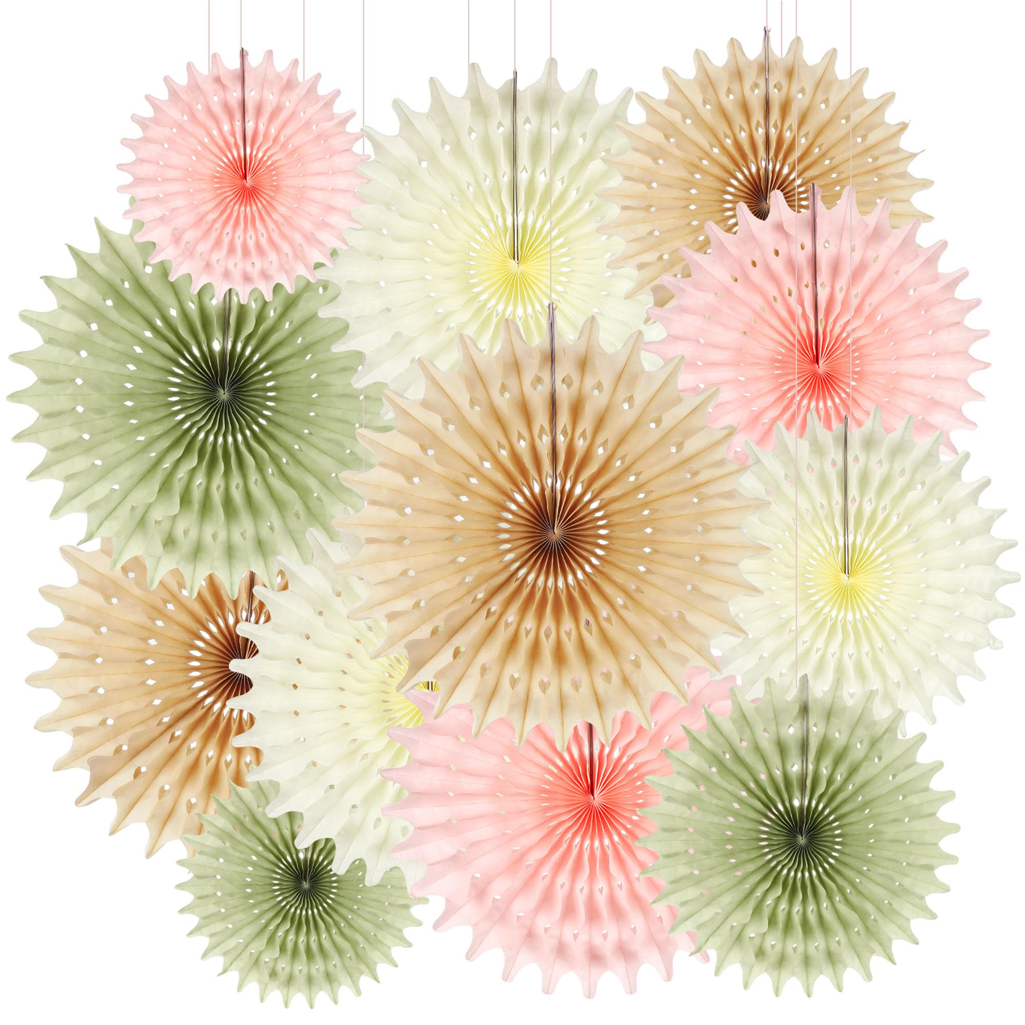 BestoFun 12PCS Beige Sage Green Hanging Paper Fans Decoration, Matte Thin Tissue Paper Honeycomb Fan Ornaments, Hanging Fans for Wedding, Birthday, Baby Shower, Home & Party Décor