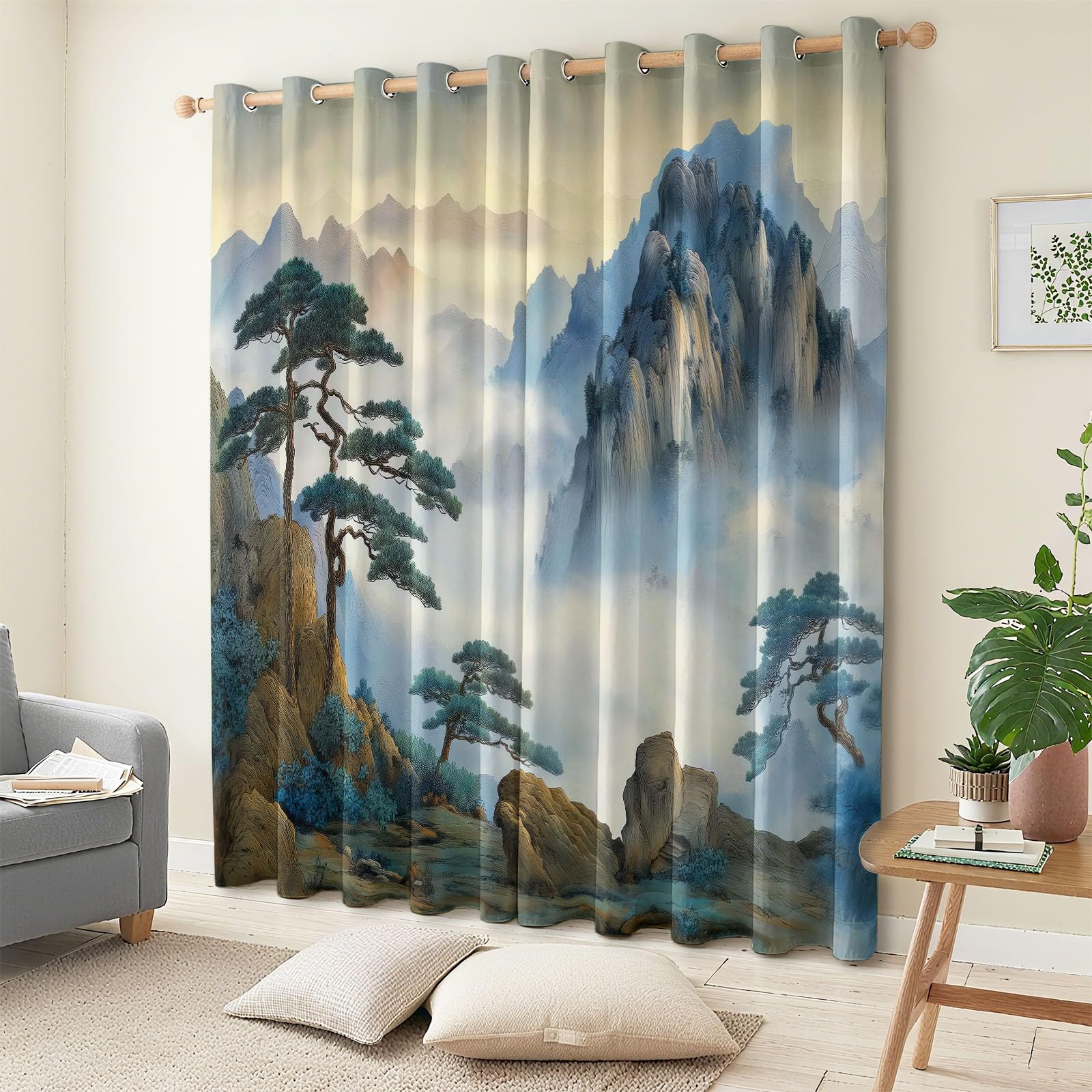 Bleu-Gris Rideaux Occultants Thermiques 280 x 260 cm Pins De Chine, Montagnes, Nuages – Rideaux Isolants Anti-Froid & Anti-Chaleur, Tissu Épais Haut de Gamme, Parfait pour Salon, Chambre ou Bureau