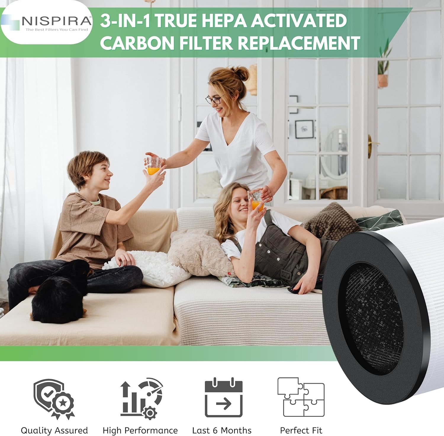 Nispira EPI153 Replacement Filter for MOOKA & KOIOS EPI153 EP1153 EPI-153 EP1-153 Air Purifiers True HEPA Activated Carbon 3-in-1 2 Packs - Image 2