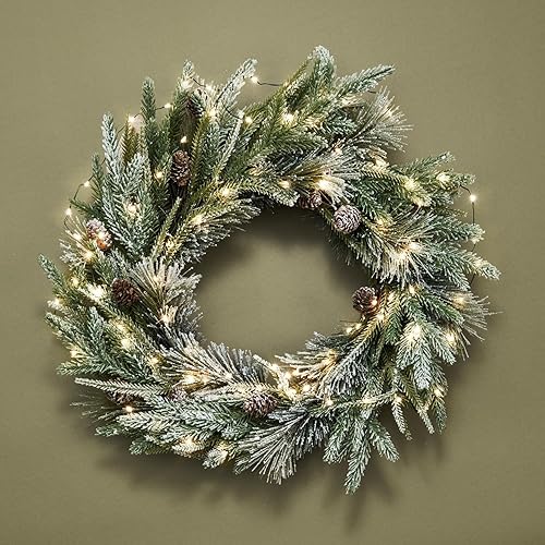 Miniatura 2 de Corona de eucalipto sintético con luces, 23 pulgadas, funciona con pilas, 80 LED, hojas artificiales, flores blancas, cinta de terciopelo verde,