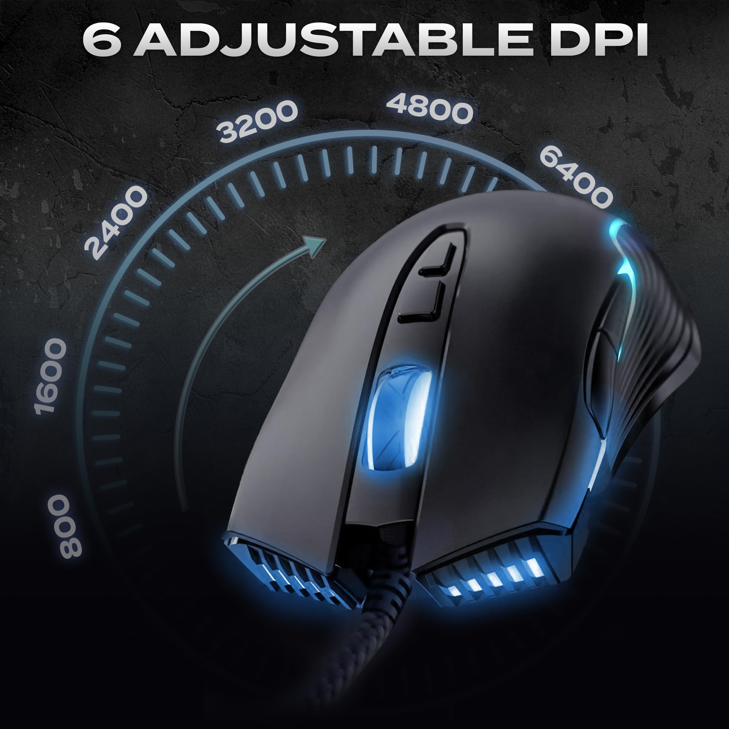 Aimzone - Ratón para juegos con cable LED, ratones con cable, DPI ajustable hasta 6400, ergonómico, 7 botones programables, totalmente compatible, ratón negro para jugadores con luz