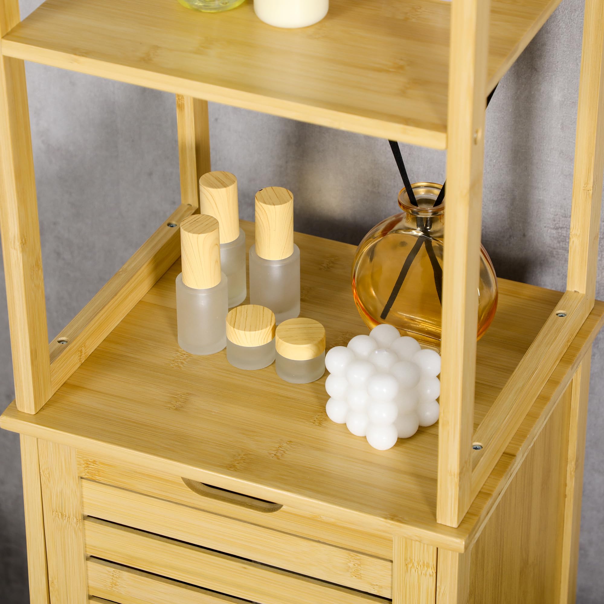 kleankin Estantería de Baño de Bambú Armario Alto para Baño con 3 Estantes y 1 Puerta Mueble Columna de Almacenaje para Salón 34x30x173 cm Natural