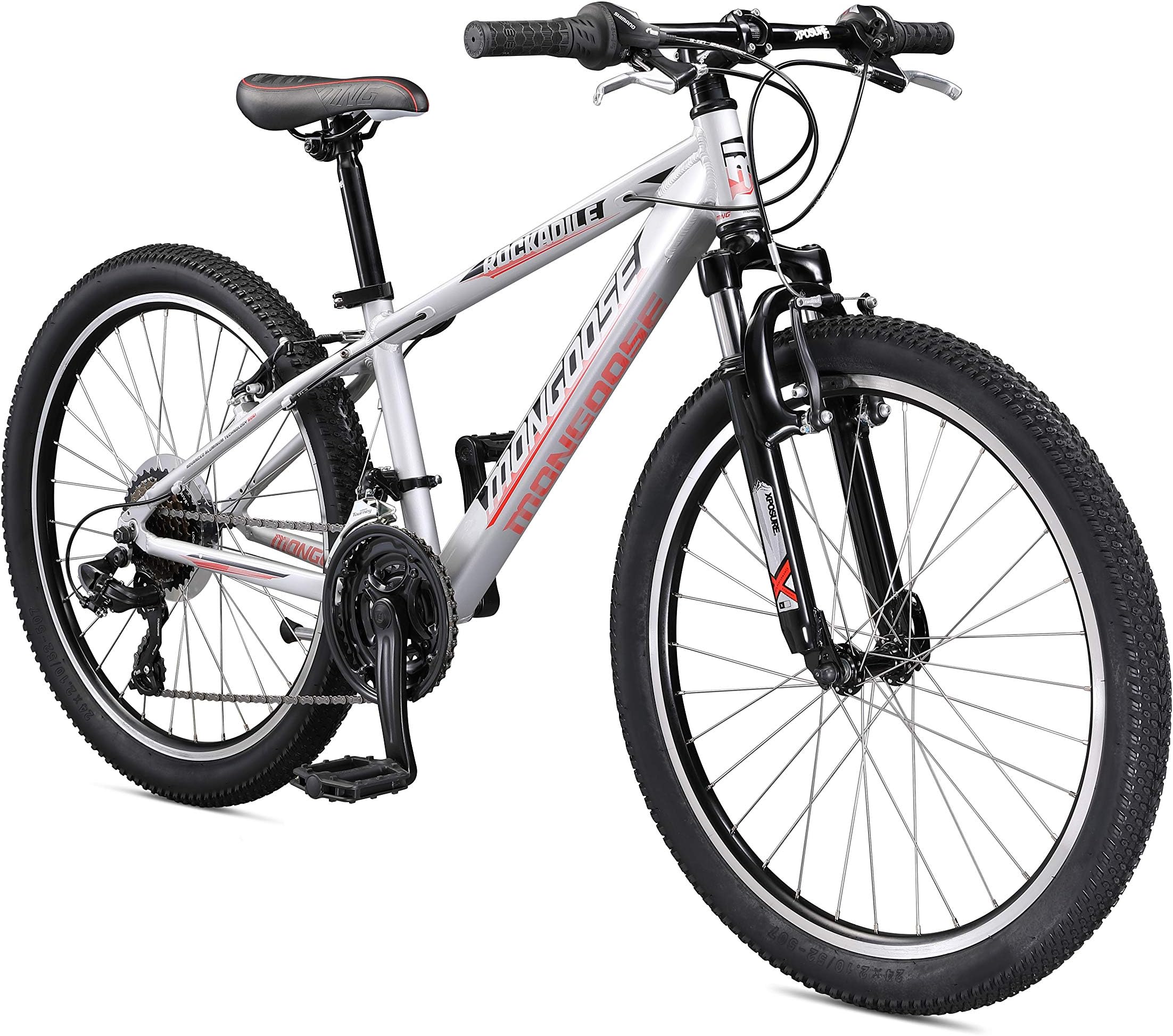 Mongoose Rockadile Hardtail Mountain Bike for Kid's Boys and Girls, 20 or 24 -Inch Wheels, Aluminum Frame, 7 or 21-Speed Drivetrain Options, Front Suspension Fork