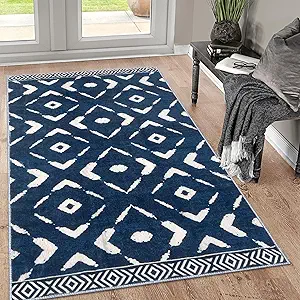 KILOCOCO Area Rug 3'x5' Rug for Entryway Washable Printed Bedroom Rugs Non Slip Boho Low-Pile Soft Rugs for Kitchen Dining Geometric Moroccan Carpet, Blue