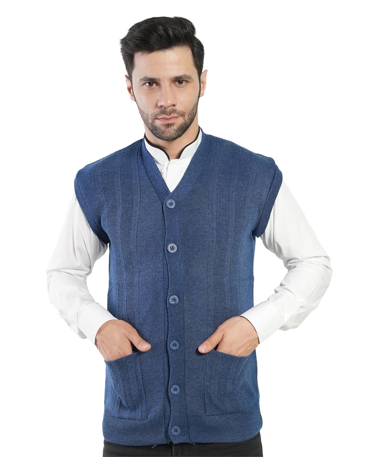 Men’s Front Open Buttoned Sleeveless Solid Color Cardigan/Woolen Jacket/Waist Coat/Sweater with Pockets
