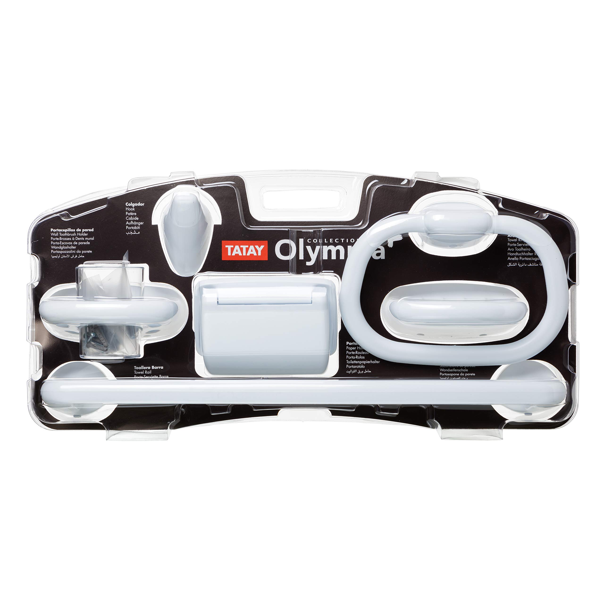 TATAY Set de Accesorios de Baño Olympia Estuche Baño con 6 Piezas | Set Accesorios Baño | Medidas 62x13x30 cm | Estuche Baño con 6 Piezas | Diseño Funcional y Práctico, Blanco