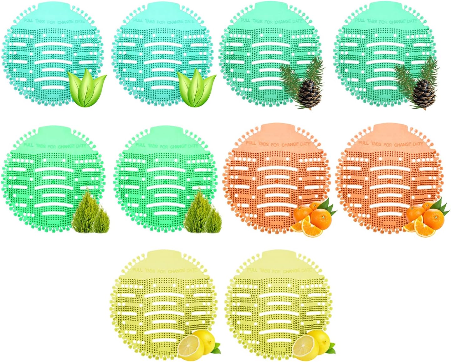 Zureni Urinal Screen Fresh Scented Anti-Splash Toilet Mat Bathroom Deodorizer Spatter with Air Freshener for Restroom (Multicolor, Pine Lemon-Orange-Pine-Natural Breeze-Lemon Fragrance, 10 pcs)