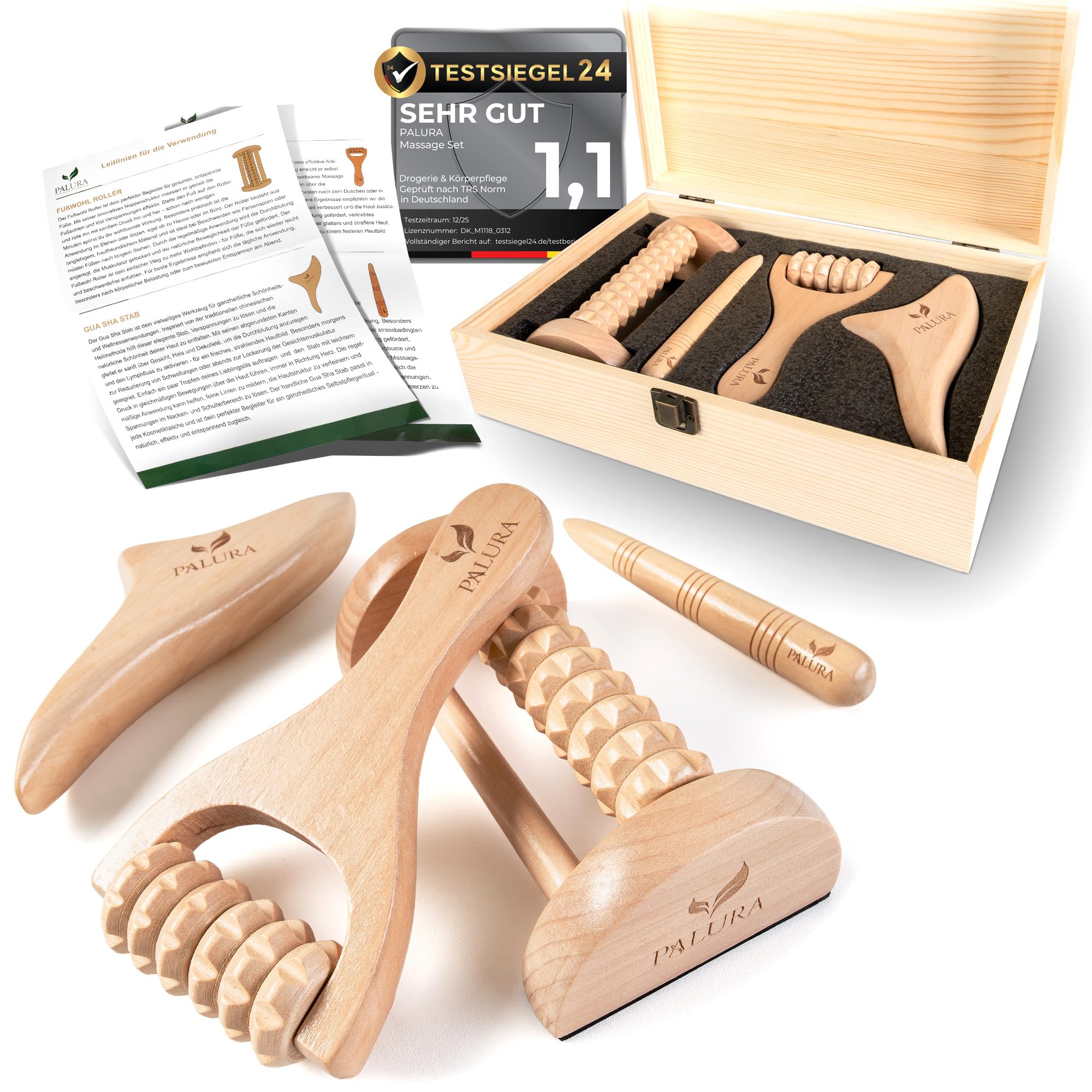 Massageroller Holz Set – Faszienrolle – Massage Tool für Arme, Beine und Nacken – Anti Cellulite Roller - Physiotherapie Praxis Zubehör - Frauen Geschenke
