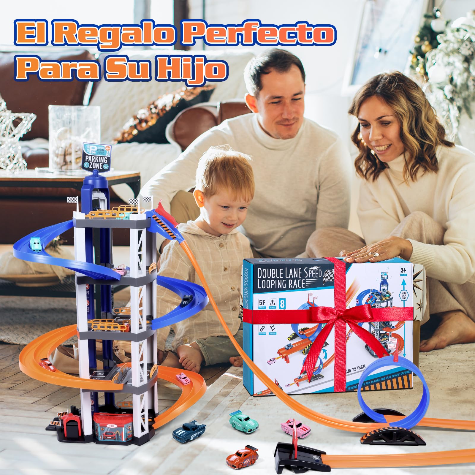 Charmofun 5 Plantas Garaje Coches Juguete, Parking Coches Juguete Gran Parking Infantil con 8 Autos, Ascensor, Rampa Doble, Luz Y Sonido, Pista Coche Niños 3 4 5 6 7 8 Años