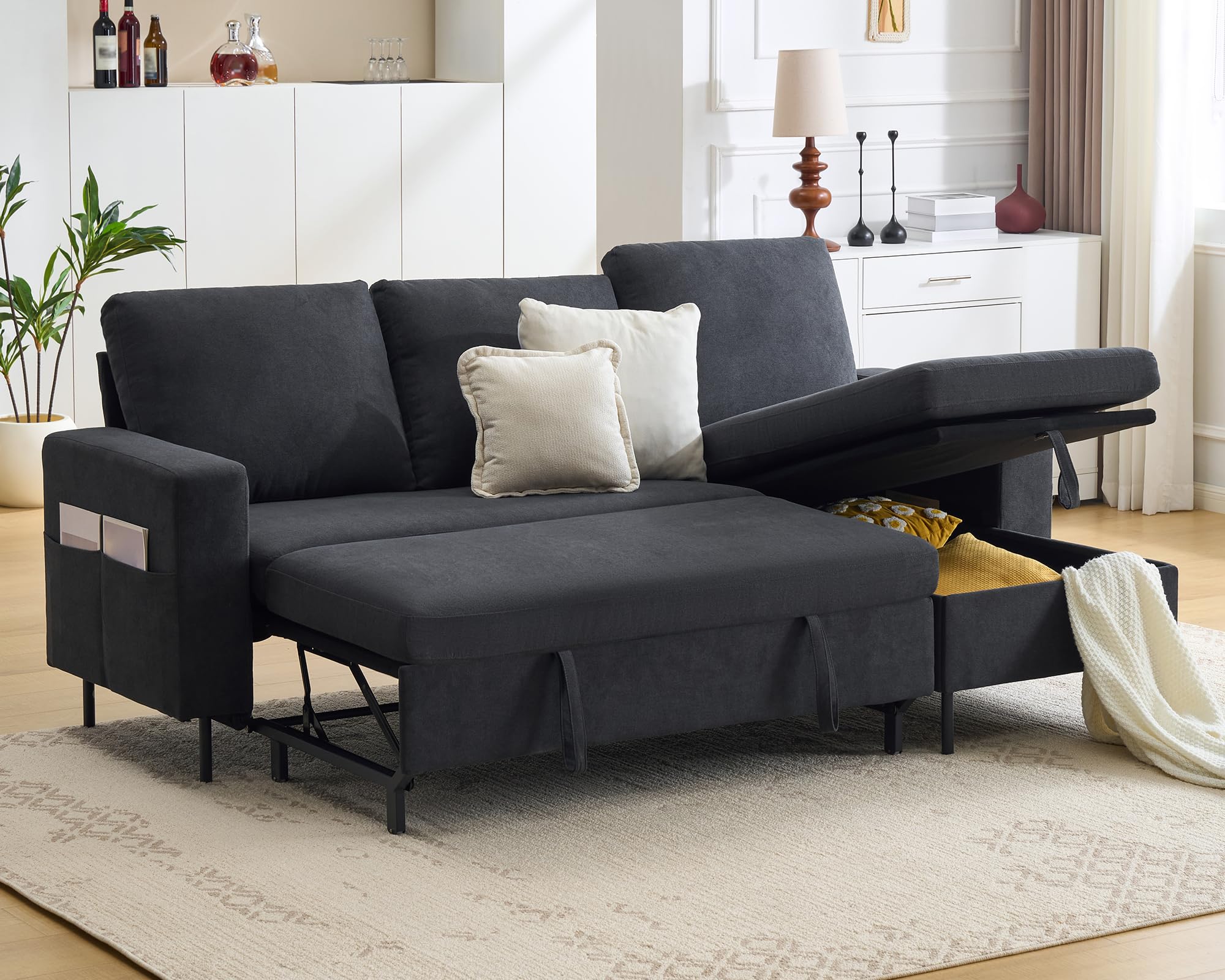 LUXOAK Sofá Cama en L 3 Plazas con Almacenamiento (Gris, Patas Altas)