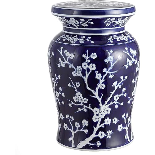 Jonathan Y Cherry Blossom 17.7" Ceramic Garden Stool, Navy/White