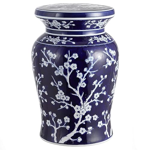 TBL1017A Cherry Blossom 17.7" Ceramic Indoor/Outdoor Garden Stool, Coastal, Contemporary,