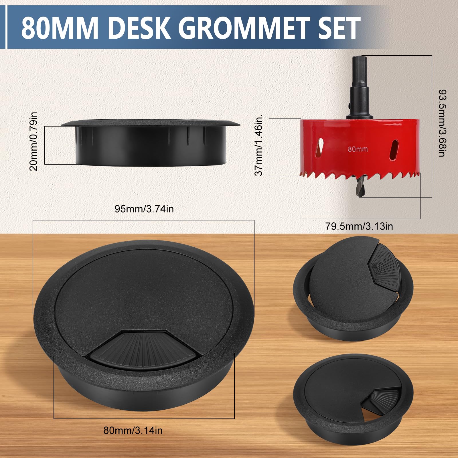 8 PCS Desk Grommet 80 mm, Round Plastic Desk Cable Grommet with Metal Hole Saw - Image 4