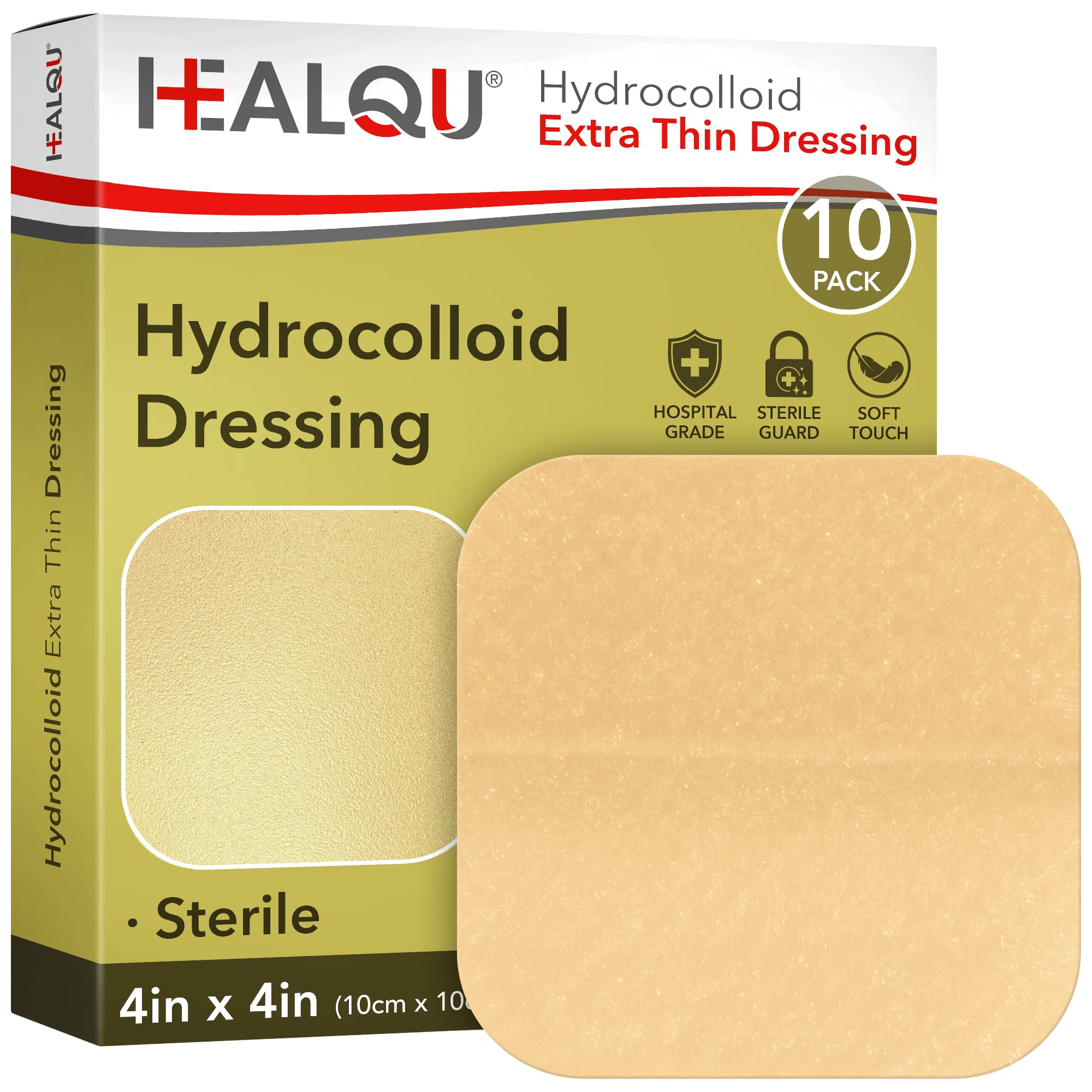 Amazon.com: Healqu Hydrocolloid Wound Dressing - 4x4 Thin - Box of 10 Large  Bandages - Sterilized Bordered Hydrocolloid Patches for Bed Sores,  Abrasions, and More