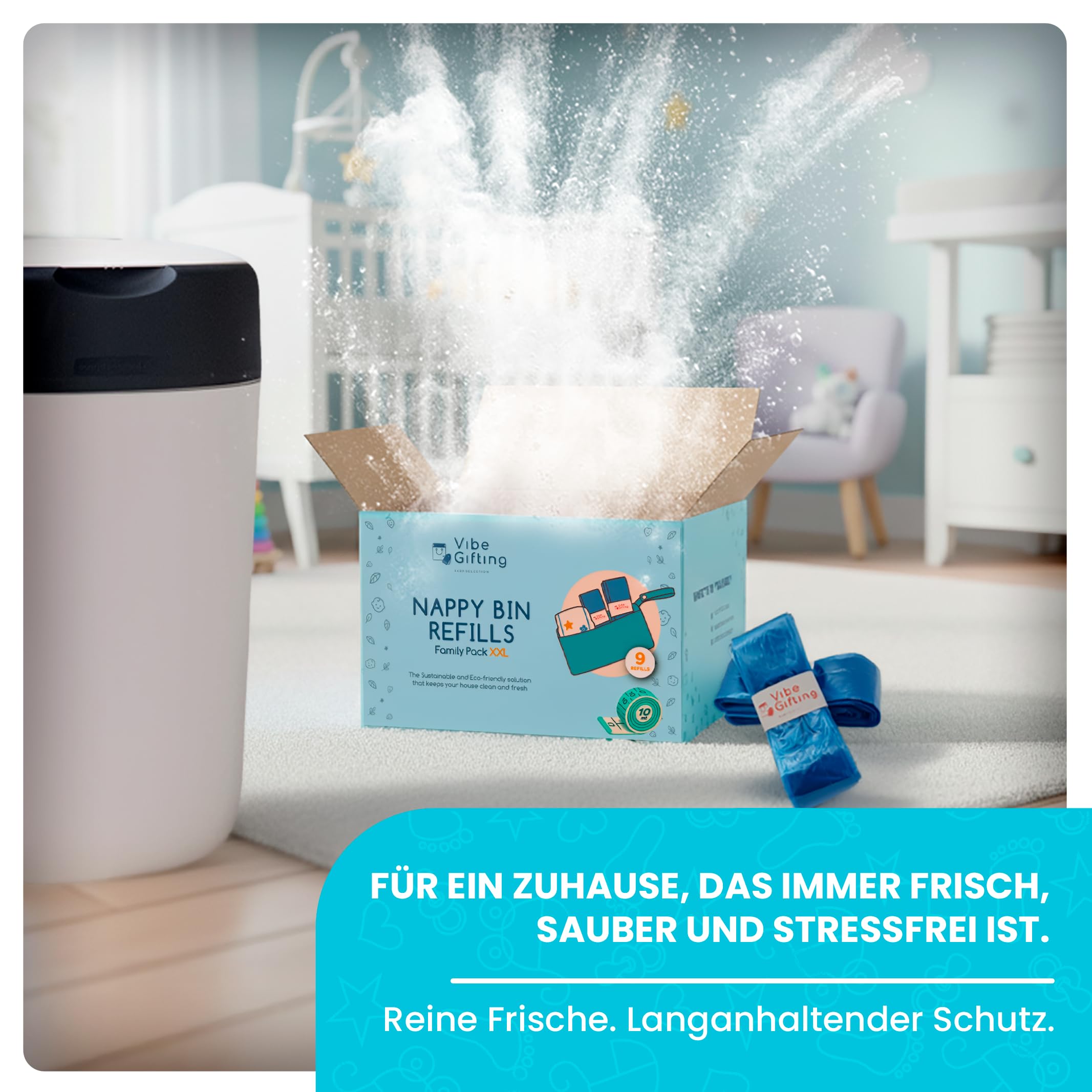 VibeGifting® XXL-Familienpackung – 9 windeleimer nachfüllfolie à 10 m, kompatibel mit Tommee Tippee Nachfüllkassette, Universell, Duftend, Geruchsneutralisierend, BPA-frei, 100% Recycelt