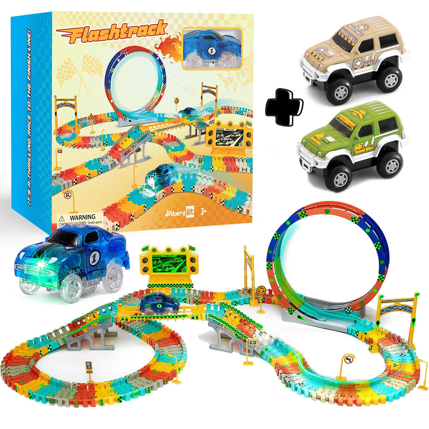 JITTERYGITRace Track and Extra 2 Jeeps Christmas Bundle Gift, Glow in The Dark Flexible Amazing Car Racing Play Set, Carros De Pista, Magic Racetrack Present for Kids, Ages 3 4 5 6 7 8 9 Years Old