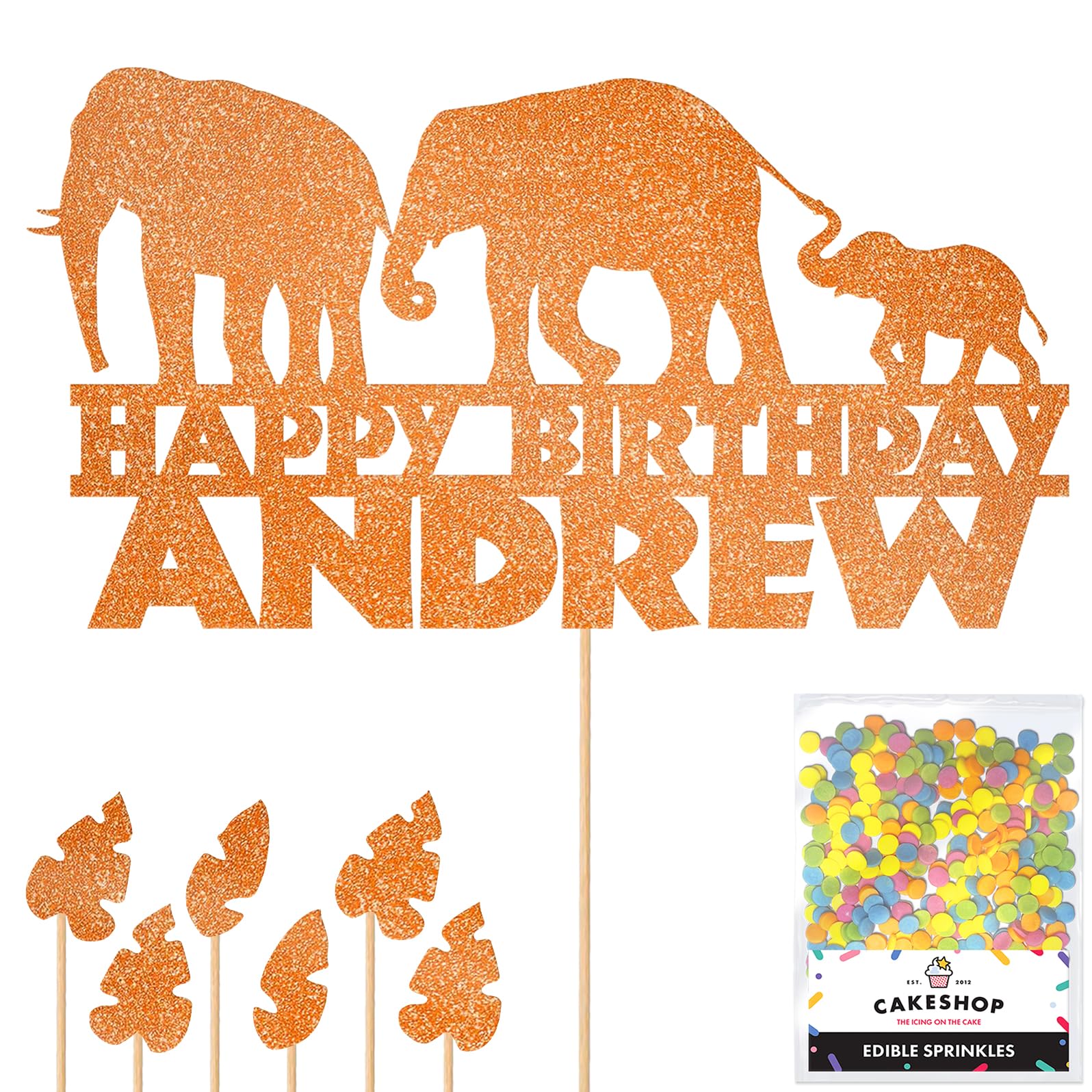 Personalised Jungle Elephant Glitter Cake Topper- Orange Any Custom Age & Name Glitter Cake Decoration and Sprinkles - Happy Birthday Decorations - Personalised Toppers for Cakes by Cakeshop โ image 1