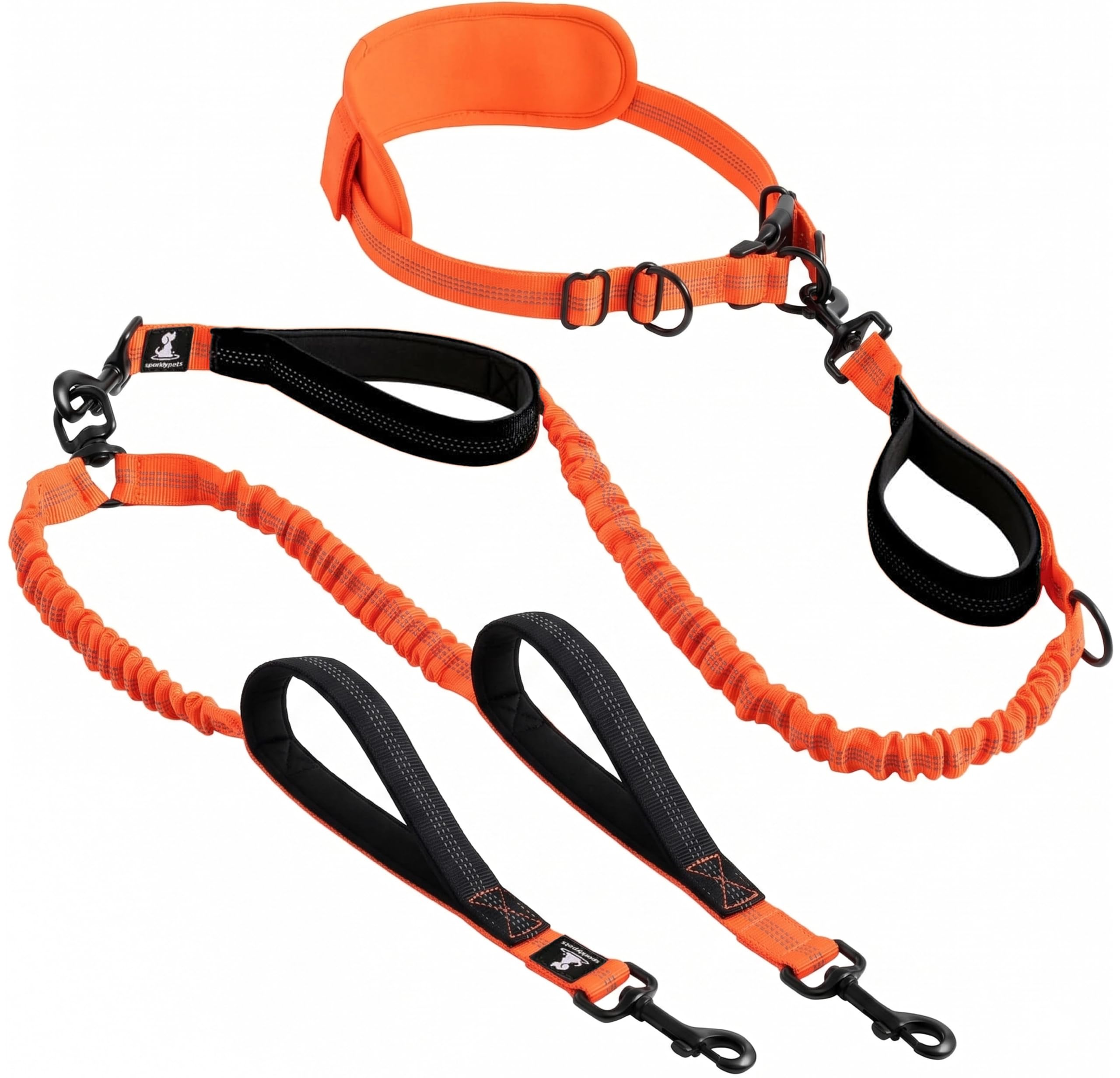 SparklyPets - Correa doble manos libres para perros hembras medianas y grandes - Asas acolchadas, costuras reflectantes, sin tirones, sin enredos, para caminar, senderismo, trotar, correa de cintura