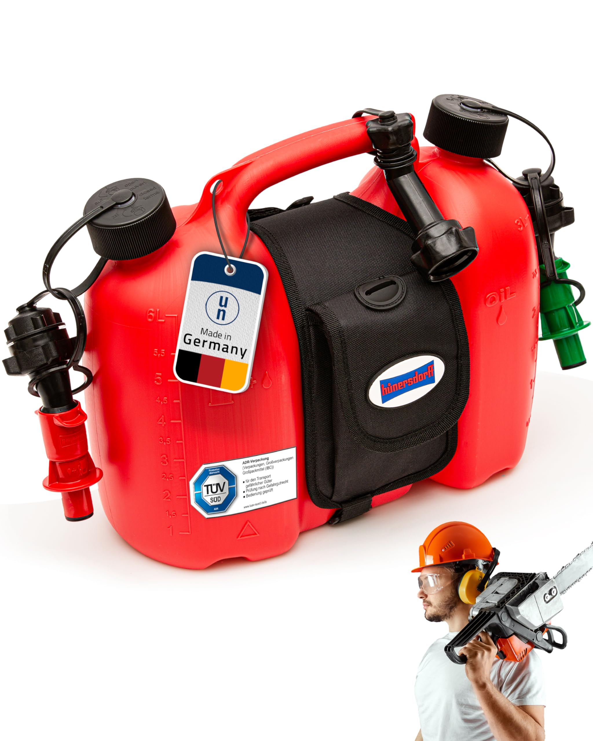 hünersdorff GmbH 805062 Réservoir Double Profi PE-HD avec Pochette Cavalière et Systèmes de Remplissage, Rouge, 6+3 L