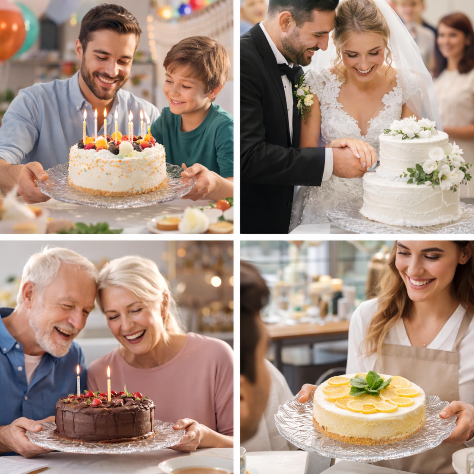 5 Vassoi Porta Torta Rotondi (Ø 33,5 cm) - Trasparenti con Decorazione a Stella in Plastica RESISTENTE e RIUTILIZZABILE - Porta Torte per Pasticceria, Feste, Compleanni, Matrimoni e Altro