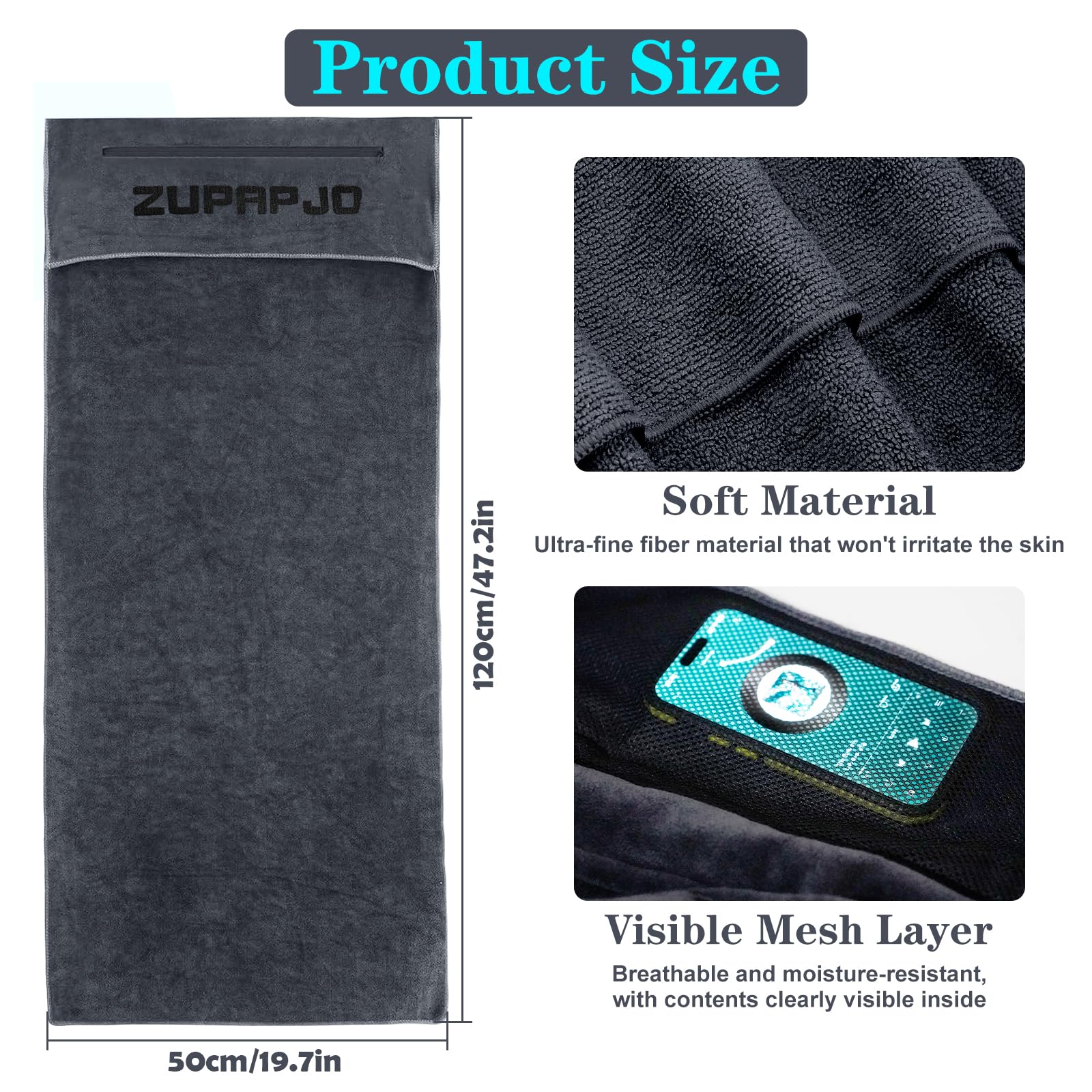 Serviette Sport 120 x 50 cm, Serviette de Sport avec Poche Zippée et Capuche, Microfibre, pour Salle, Yoga, Fitness, Extérieur et Entraînement, Grise - 4