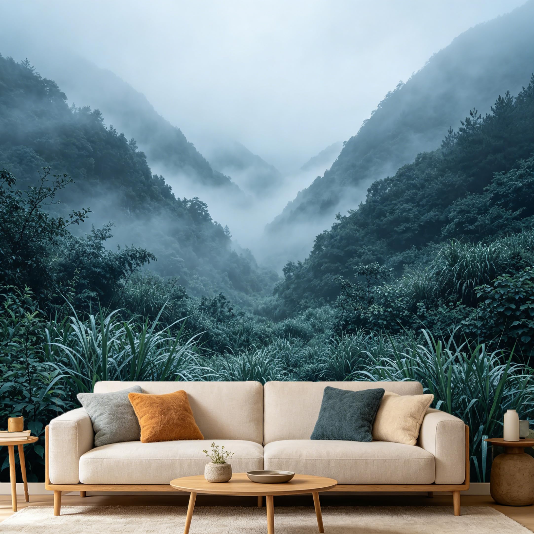 Custom Size Wall Mural Misty Mountain Landscape Forest Foggy Valley Nature Scenery SelfAdhesive Art Prints wall Fabric（No PVC） Removable Wallpaper Home Bedroom Decor