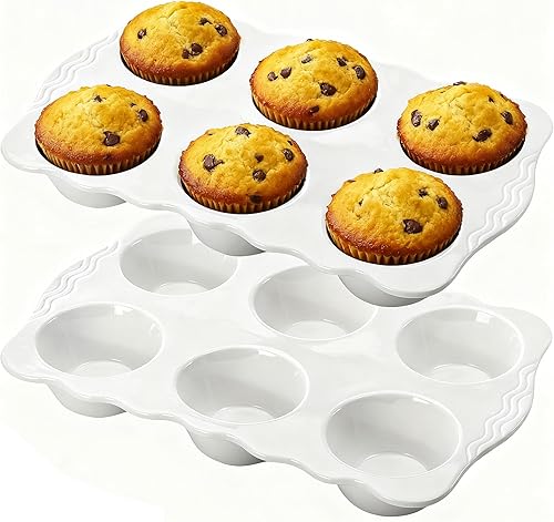 Paquete de 2 moldes de cerámica para muffins, 6 tazas antiadherentes para magdalenas con asas para pasteles de muffins, tartas de huevo, mousse,