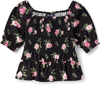The Childrens Place Girls Long Sleeve Smocked Peplum Top