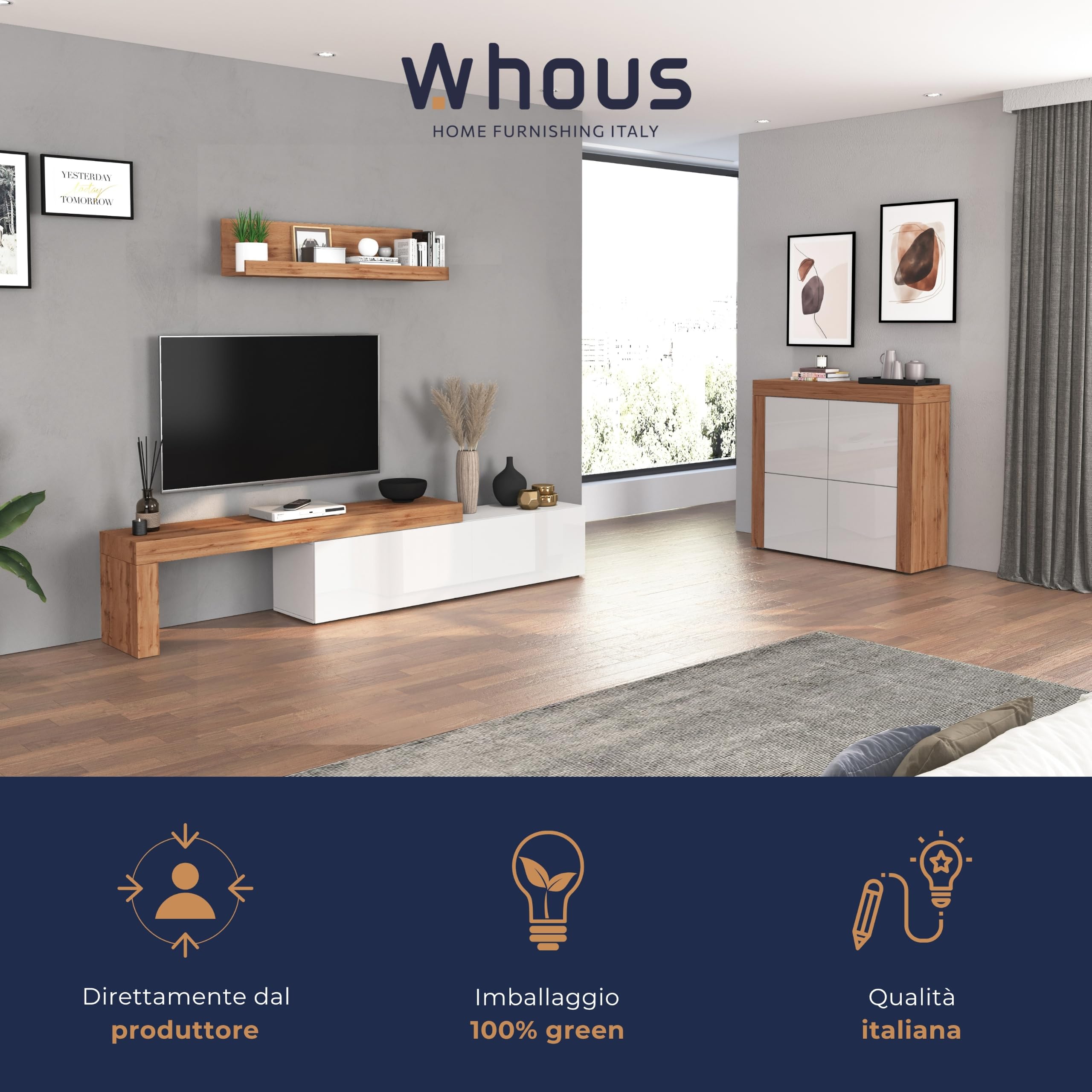 WHOUS Pensile a Cubo CHRONOS per Soggiorno con 4 Vani, Pensile a Giorno e Libreria Multiuso per Salotto, 50x35x50 cm, Rovere