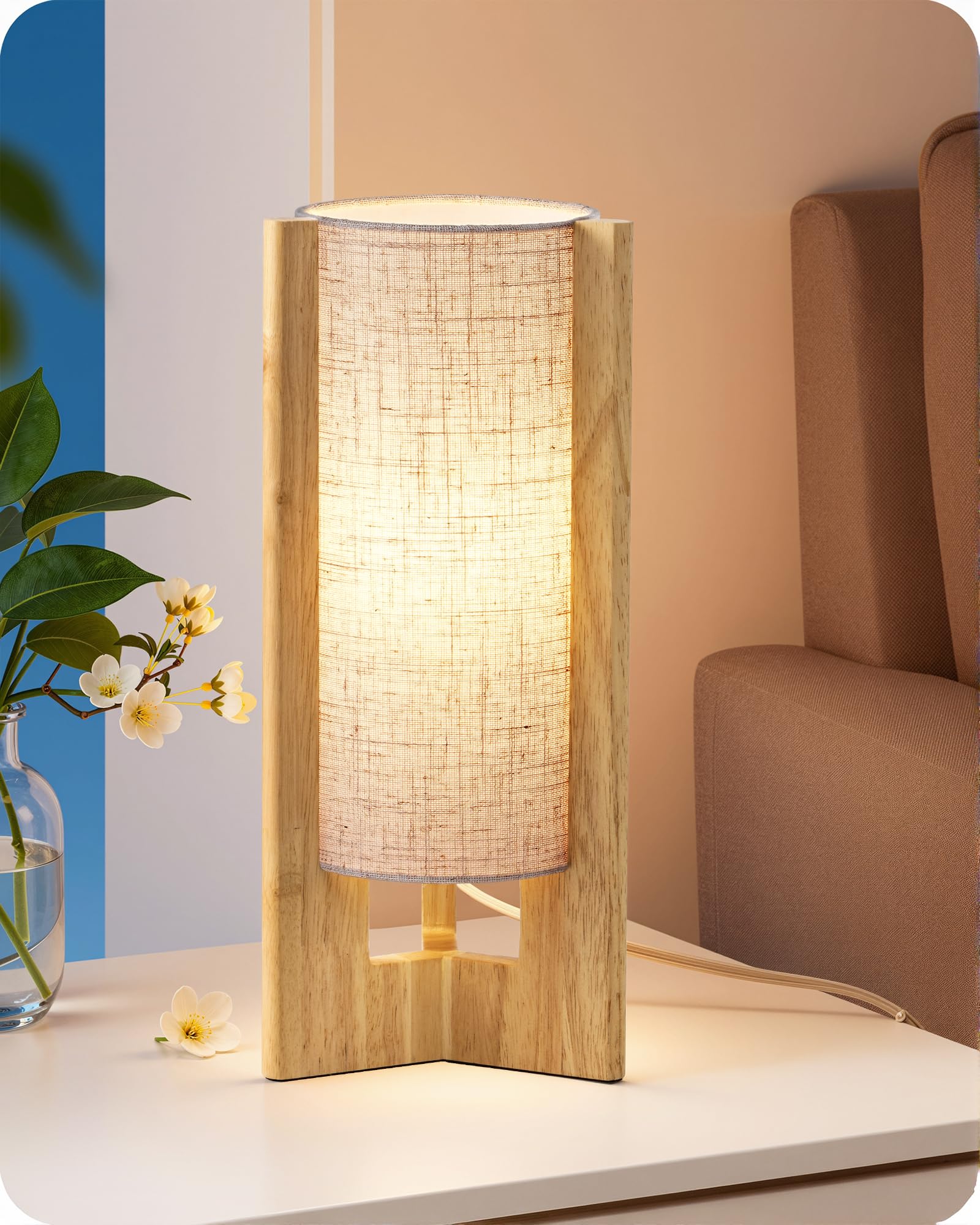 Photo 1 of EDISHINE Small Wood Table Lamp, 13.5" Modern Bedside Lamp, Beige Linen Shade, Natural Wood Cylinder Nightstand Lamp for Bedroom Living Room, On-Off Line Switch, E26 Base (Bulb Not Included)