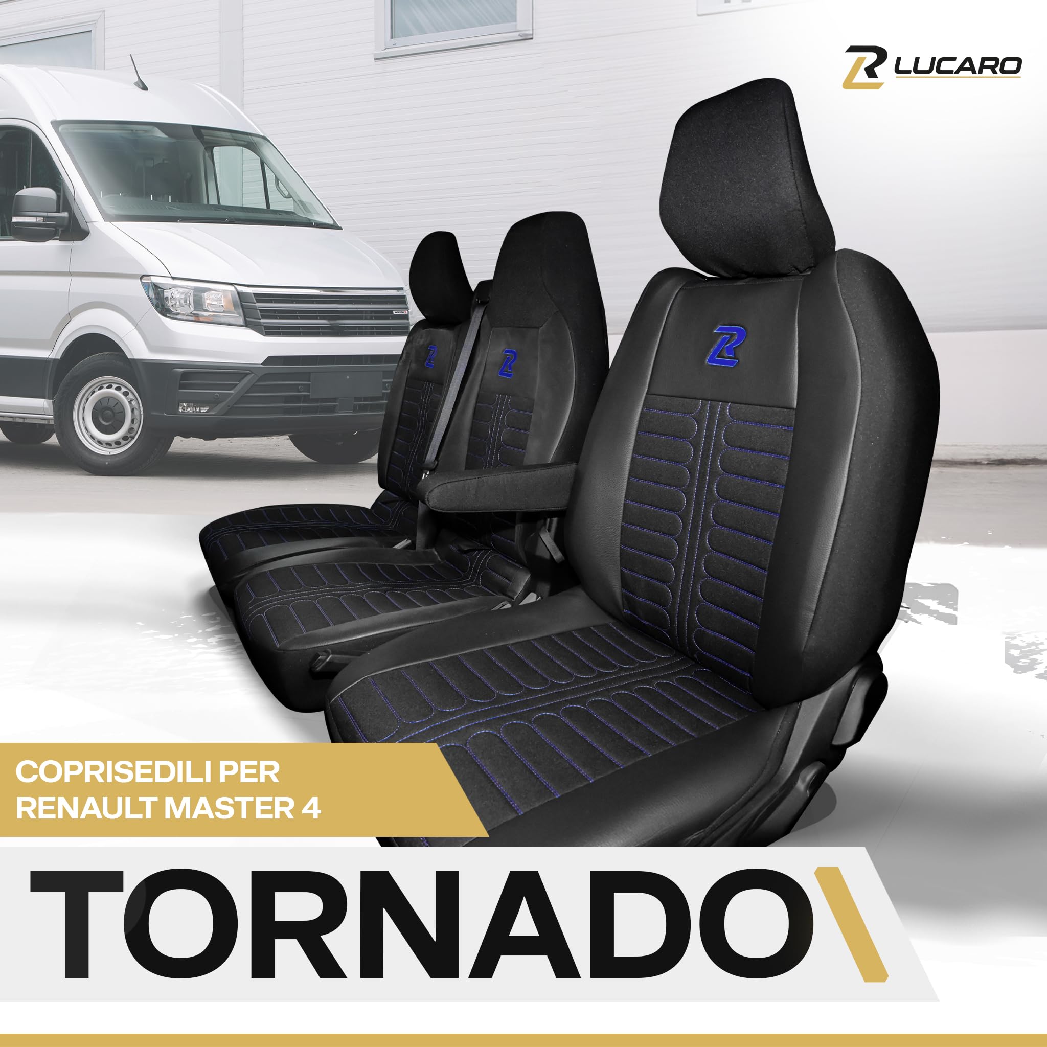 LUCARO Coprisedili Auto per Renault Master 4, Nissan Interstar 3 Blu - Copri Sedile Auto 3 Posti con Ecopelle Resistente Compatibile con Airbag - Coprisedile Facile da Montare