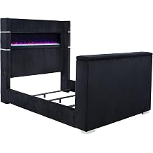 Coaster Home Furnishings - Tisdall - Wood - Wingback Bed with Hidden Motorized TV Lift, Flame Visual Headboard and Dual USB Ports - Bedroom - Queen Size - Black - 315868BLKQ