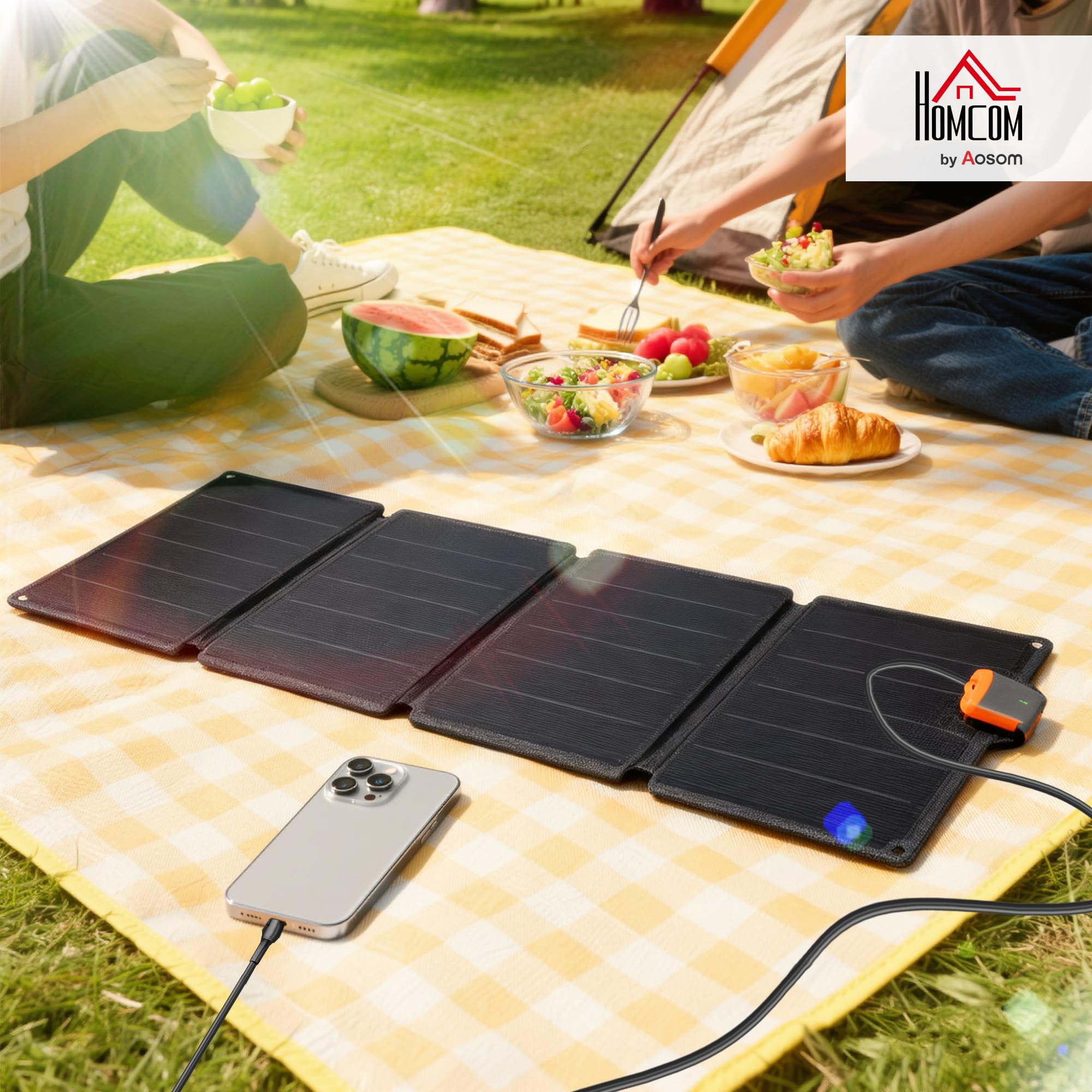 HOMCOM Składany panel słoneczny 36 W przenośna ładowarka solarna typu C do USB-A | Torba transportowa, wodoodporna ETFE IP67, port ładowania, zasilacz, do wędrówek i biwakowania na świeżym powietrzu