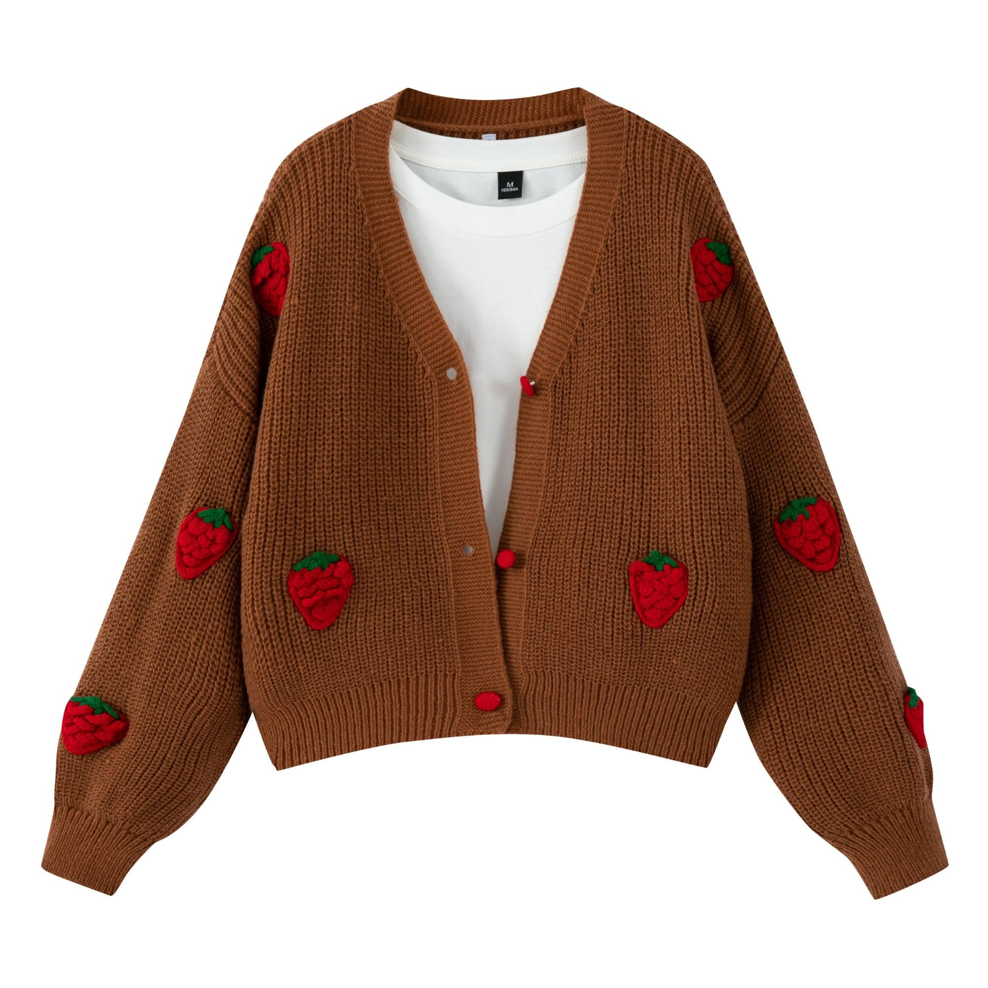 FindThy Women’s Kawaii Strawberry Embroidered Cardigan Long Sleeve V Neck Chunky Knitted Cardigans Tops