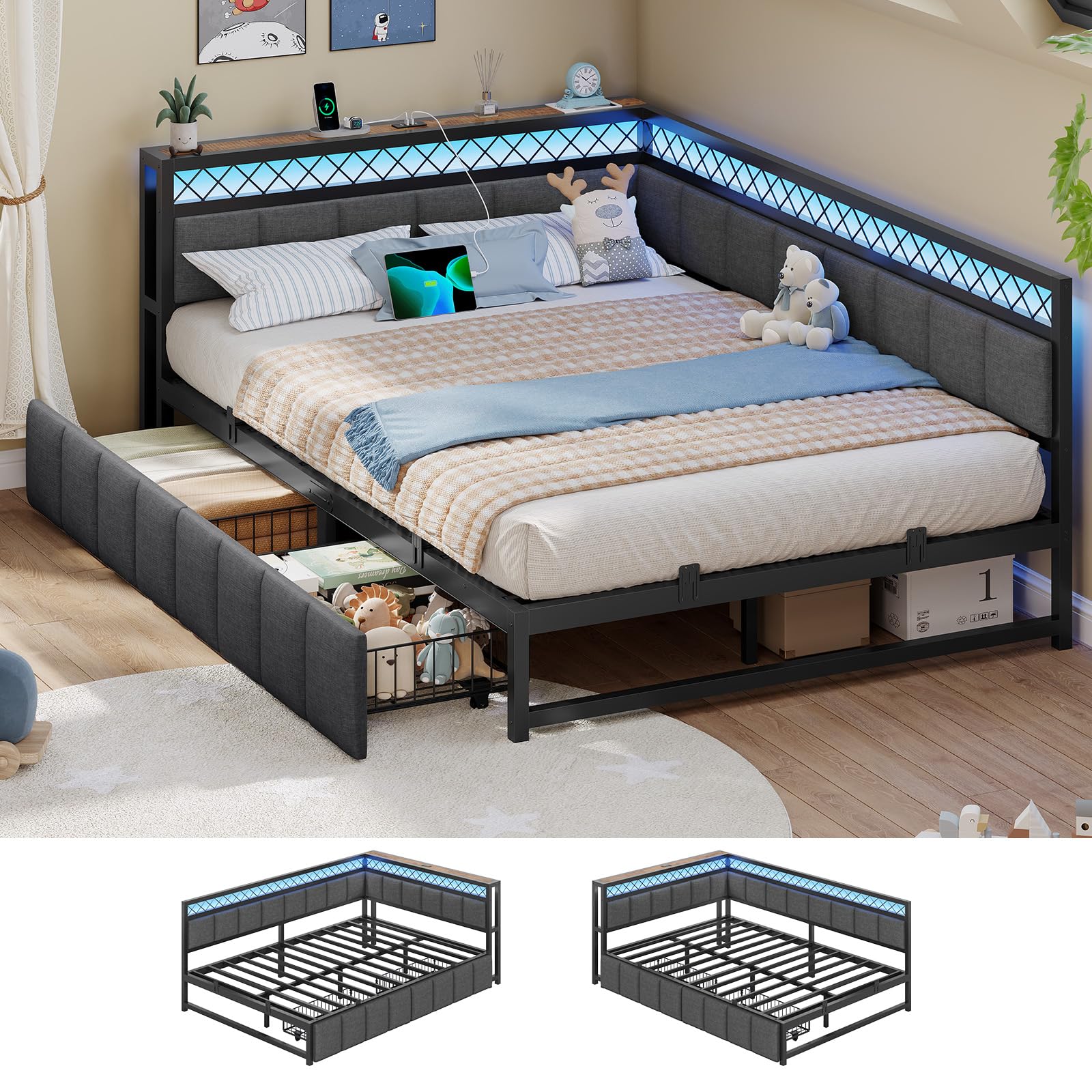 AOGLLATI Polsterbett Schlafsofa 140x200 mit USB-Steckdosen und LED-Beleuchtung Jugendbett 140x200 mit 2 Schubladen,Tagesbett Gästebett Bettgestell mit Lattenrost,Ohne Matratze(Grau,140x200cm)
