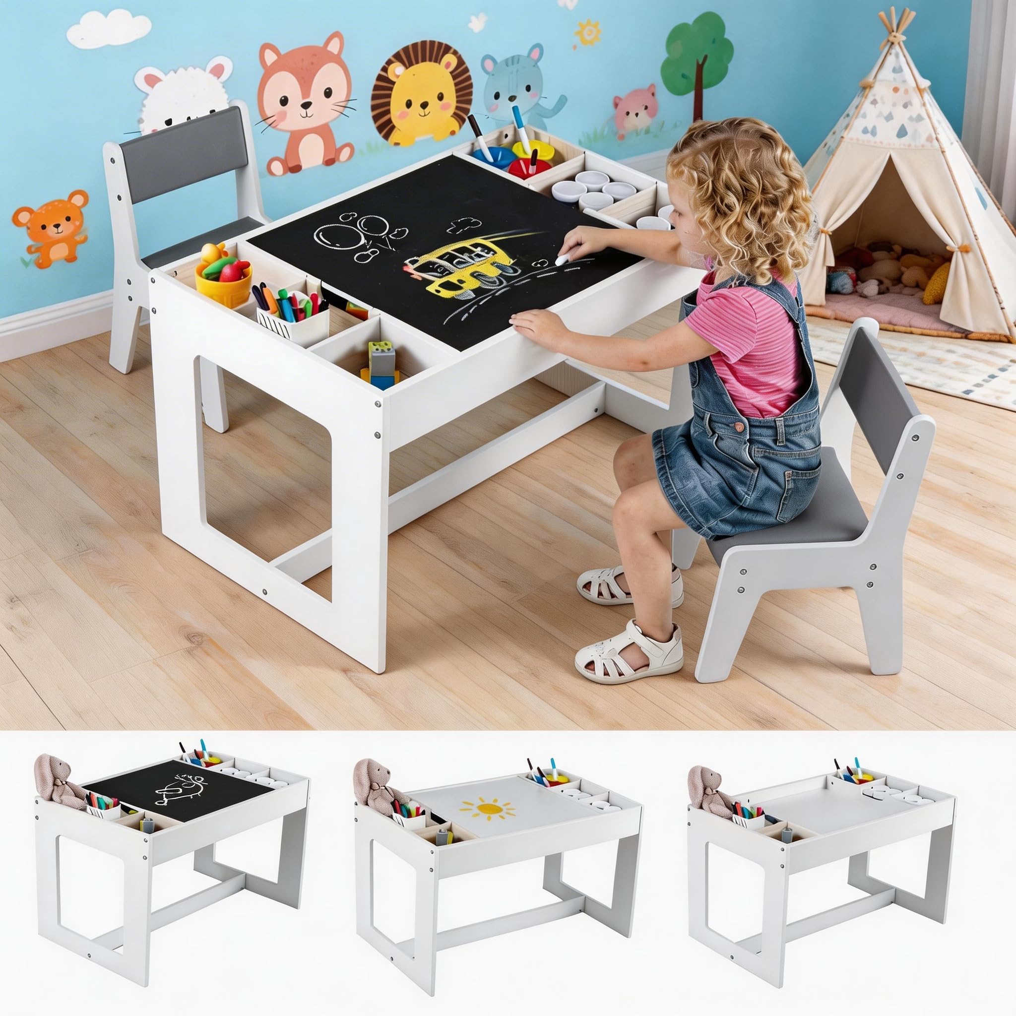 Costzon Kids Table and Chairs, 4-1 Wooden Activity Art Desk Set w/Whiteboard, Chalkboard & Storage Cubes for Drawing, Crafting, Playing, Toddler Table and Chair Set (31.5” x 19.5” x 19”,Gray)