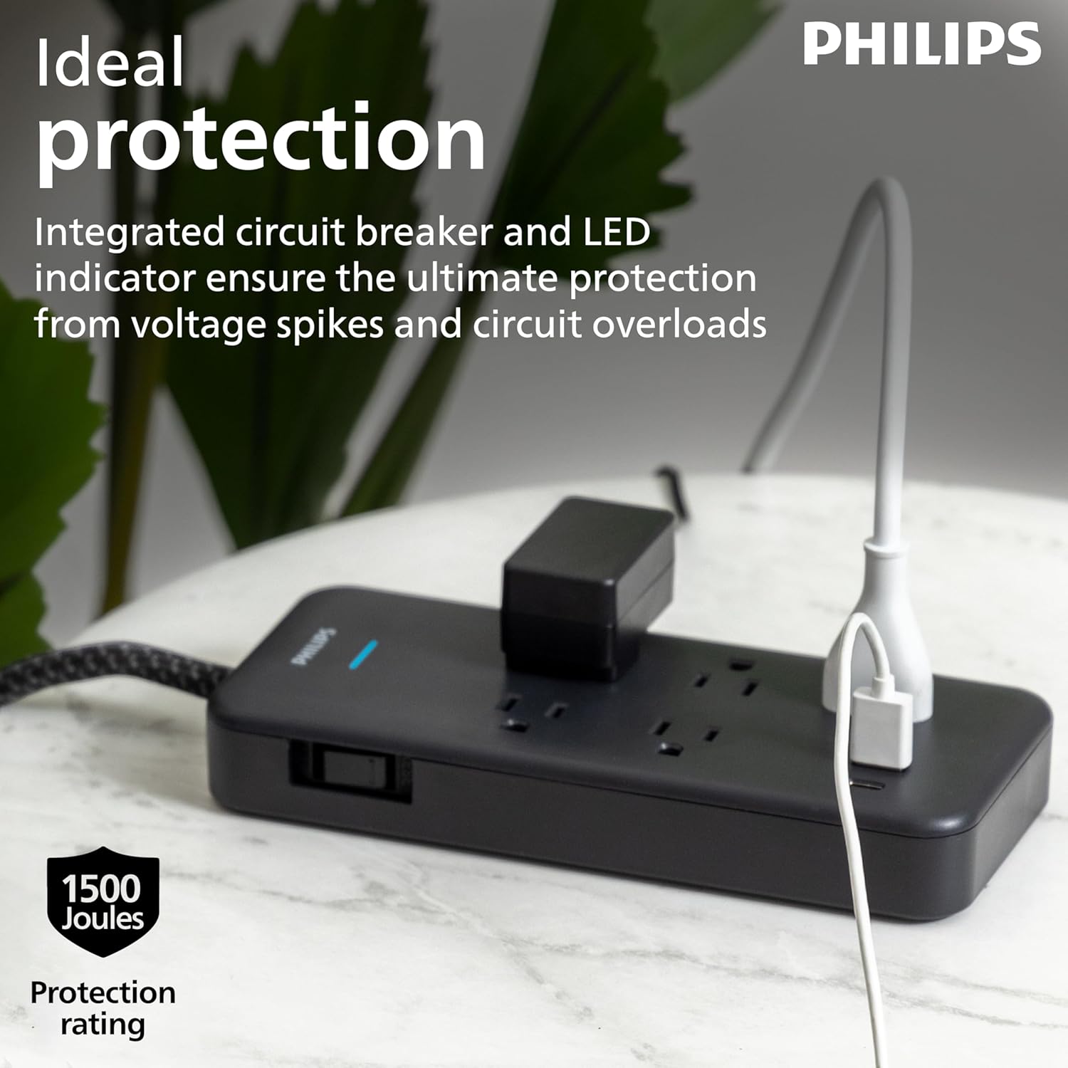 Philips 5-Outlet Surge Protector with USB, 1 USB-A, 1 USB-C, 15W Shared, 1500J, Adapter-Spaced, 6ft Braided Cord, Outlet Extender, Extension Cord, for Home School or Office, Black, SPP3303B/37
