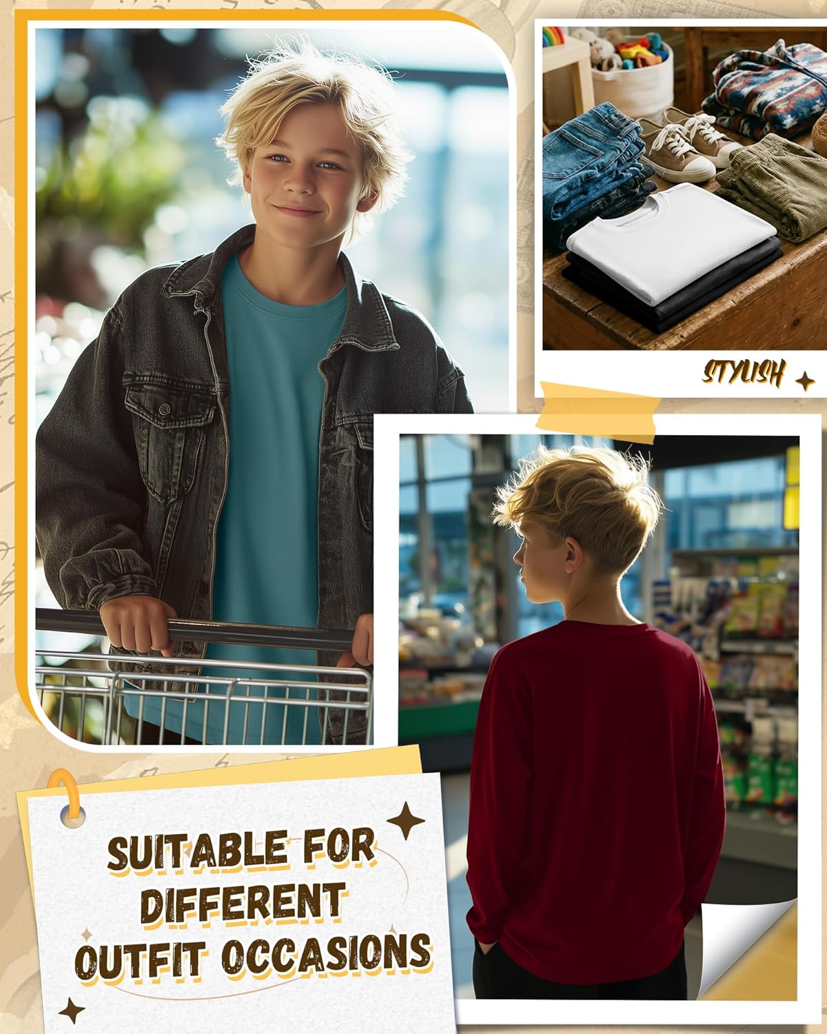 5 Pack Boys' Long Sleeve Shirts 3-16 Years Crew Neck Kids T-Shirts Teen Baggy Casual Layer Solid Tops - Image 2