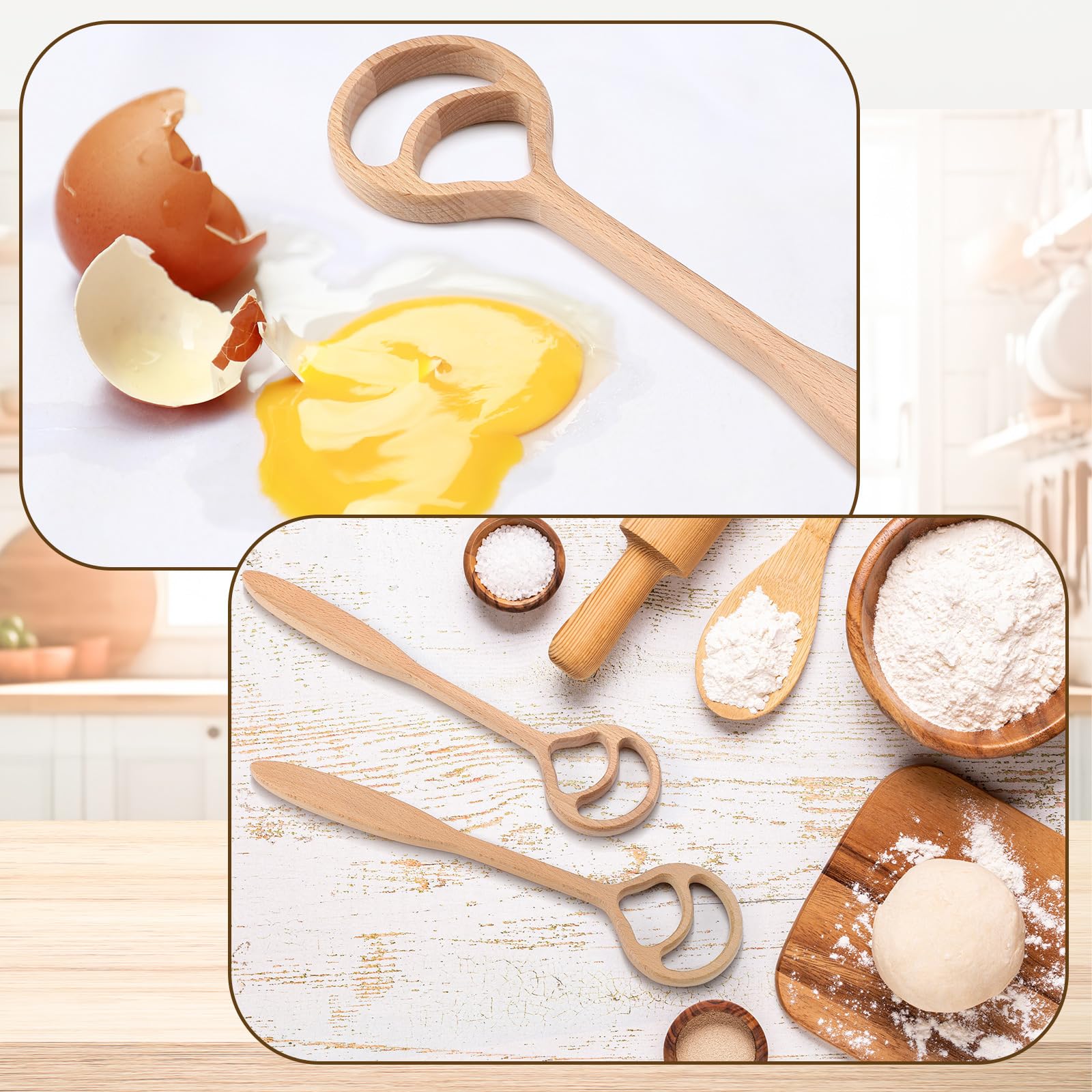 Honeydak Dänischer Teigbesen aus Holz, 33 cm, 2 Löcher, Sauerteig, Brot, Mixzubehör, personalisierbarer niederländischer Schneebesen für Pizza, Gebäck, Kuchen, Eierteig