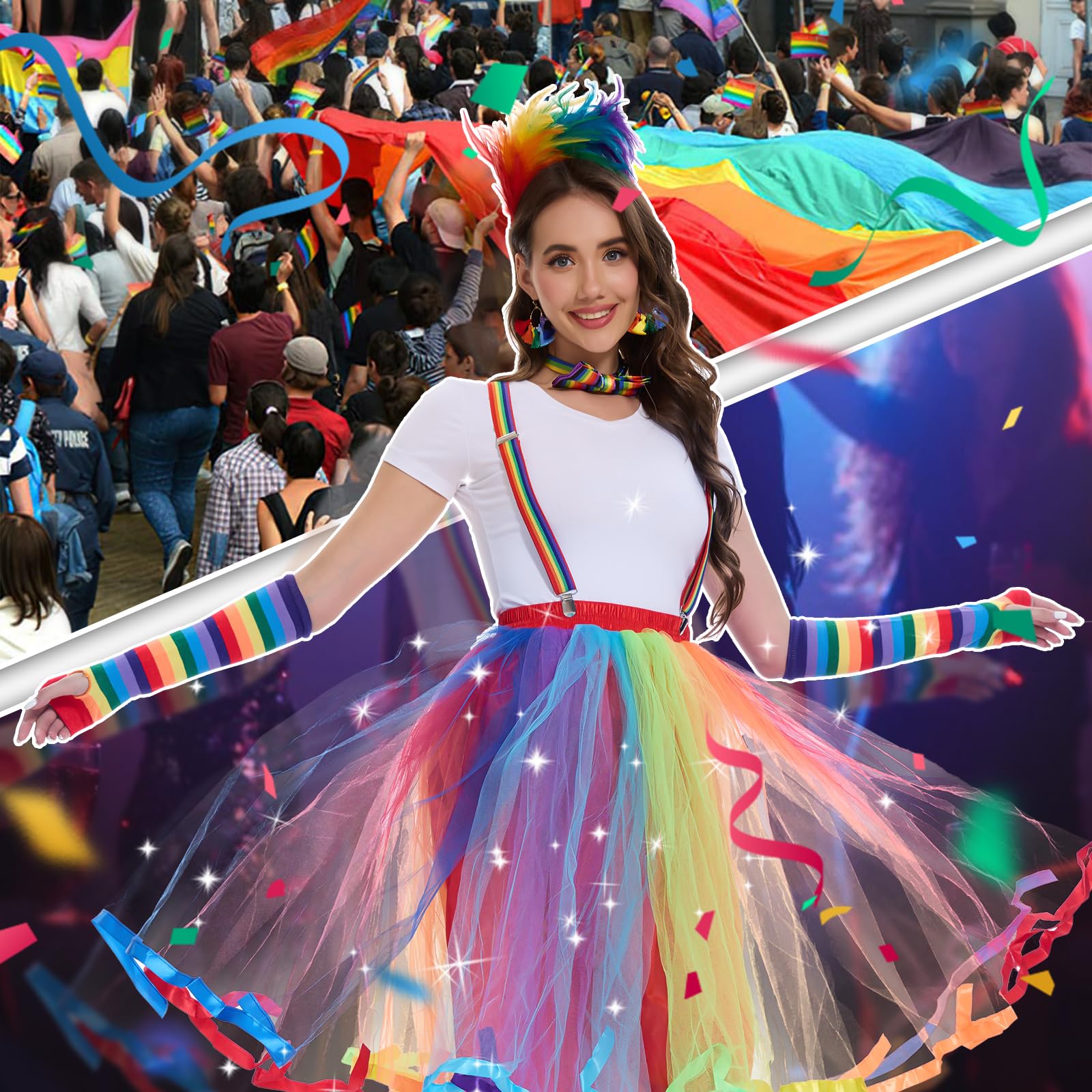 Joellfuner Gonna Arcobaleno Donna, Gonna Tulle Colorata Donna, Anni 80 Vestiti e Accessori con Tutu, Bretelle, Copricapo di Piume Colorate, Costume carnevale donna, Sfilata Dell'arcobaleno