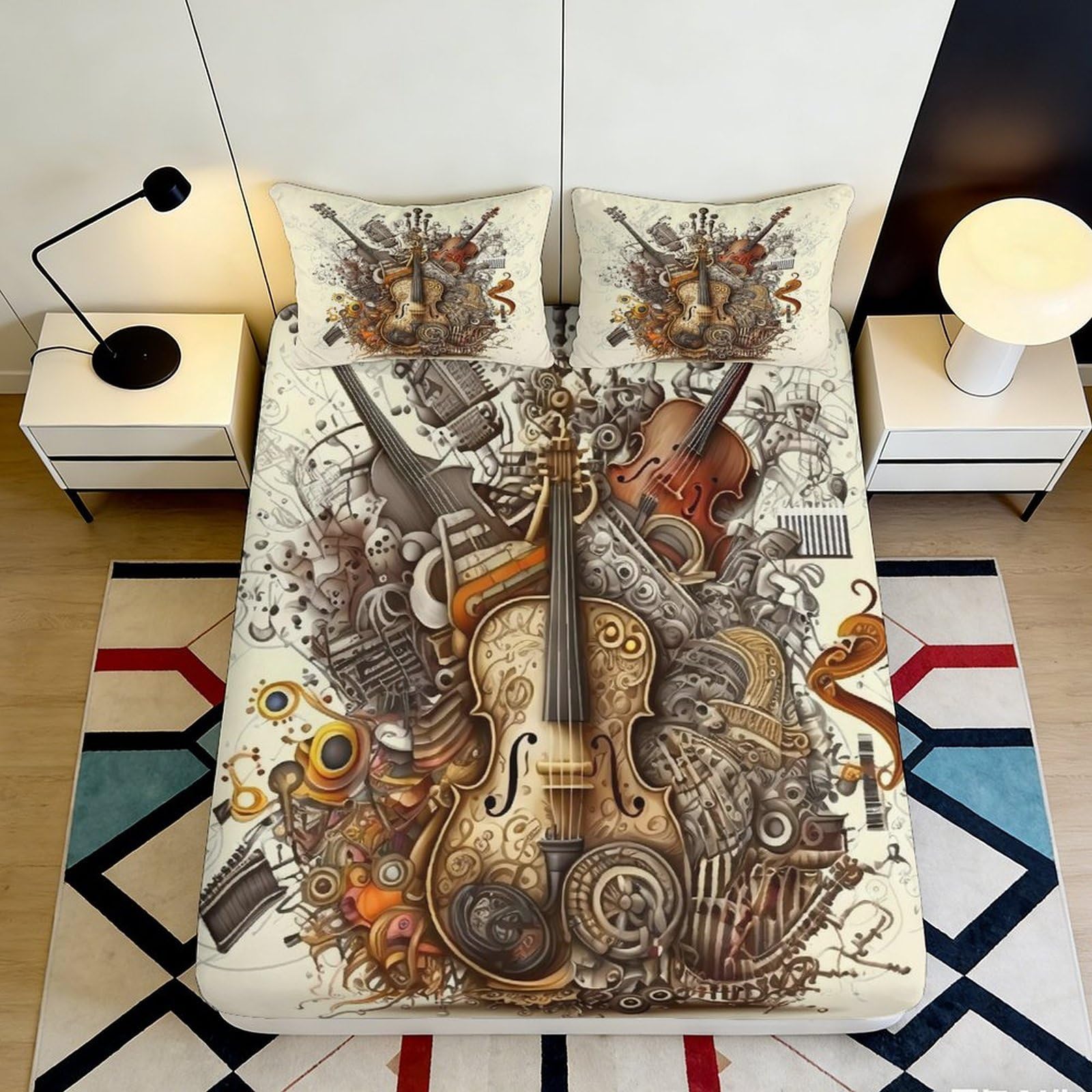 3D Printed Violin Art Fitted Sheet Microfiber Soft Breathable Music Instrument Mattress Cover for Bedroom Decor 90x200x25cm