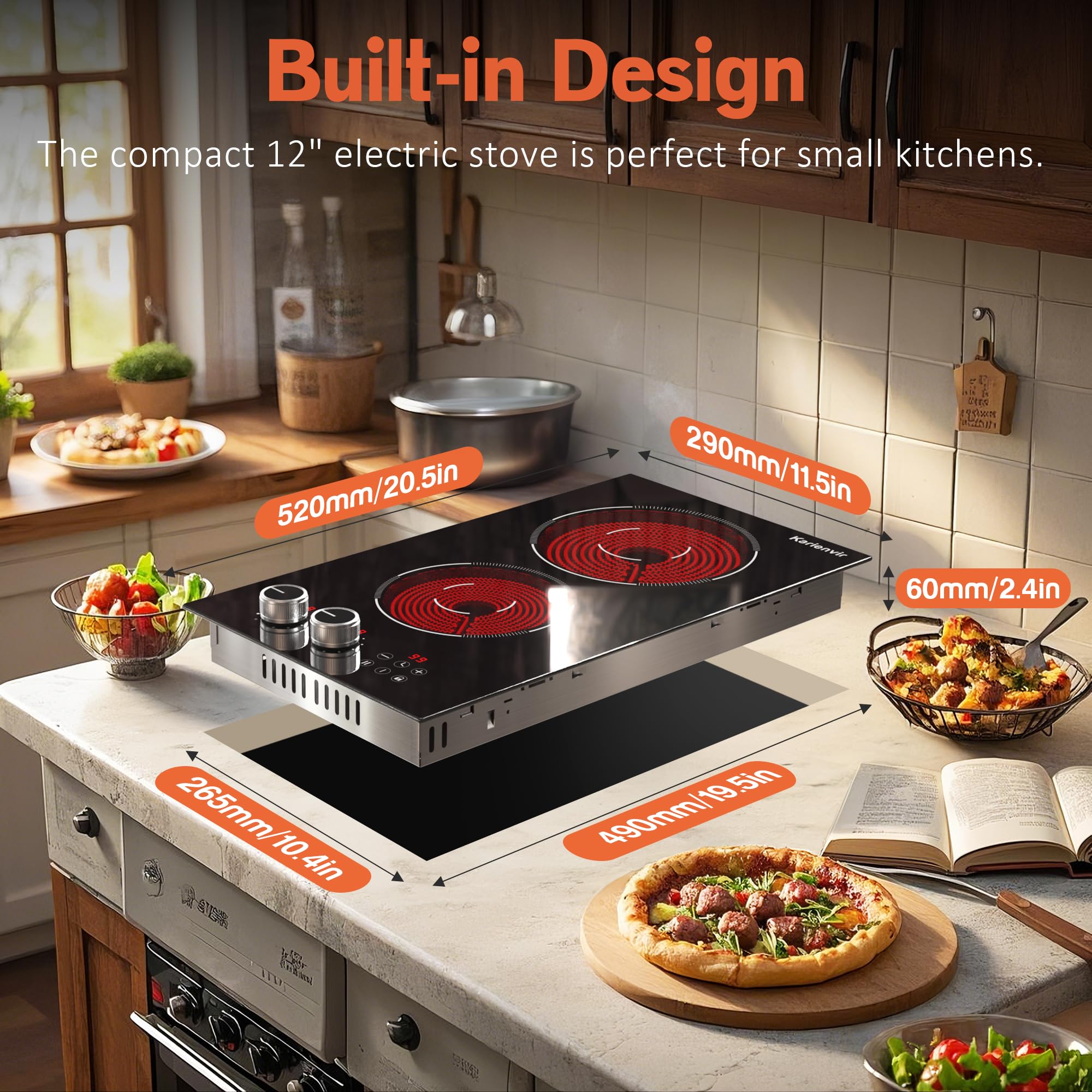 2 Burner Electric Cooktop 110V 2000W Plug in Cook top, 12 Inch Built in or Countertop Stove Top, Electric Burners for Cooking Knob & Touch, Cooktop with 9 Power Levels, Safety Lock, Timer, Karienvir