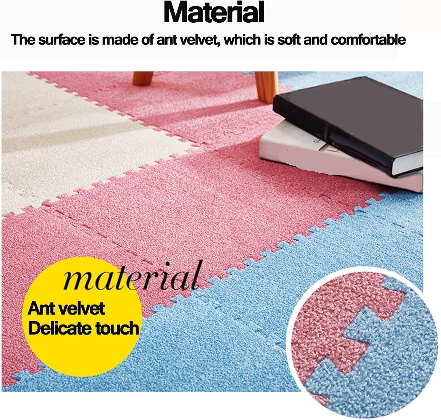 50pcs Shaggy Eva Floor Mat Tiles, 12x12 in Carpet Puzzle Mats for Floor Anti-Slip Washable, Plush Foam Interlocking Carpet Tiles(Pink+Sky Blue)
