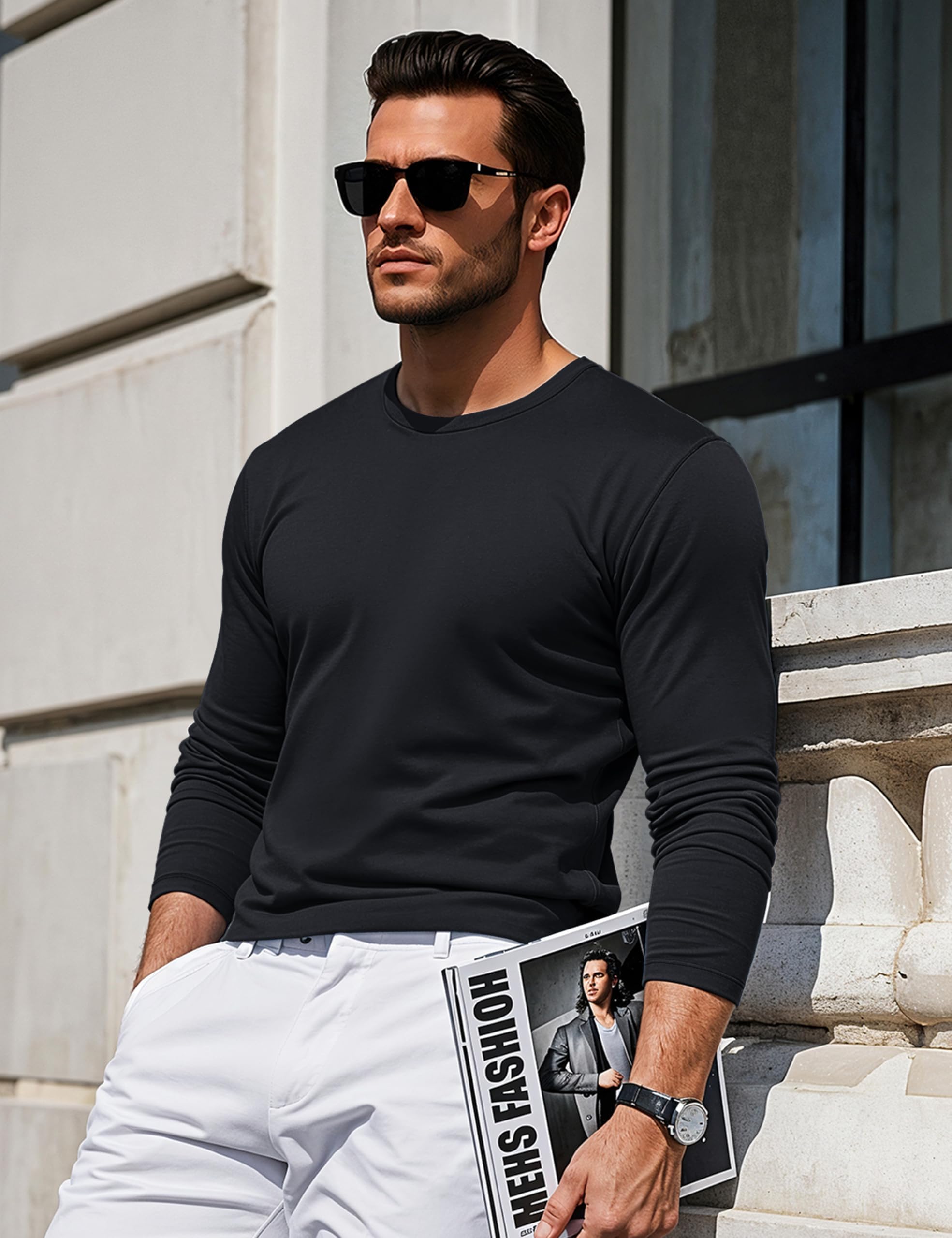 MAGCOMSEN Hommes T-Shirt à Coton Manches Longues avec Encolure Ronde Base Décontractée